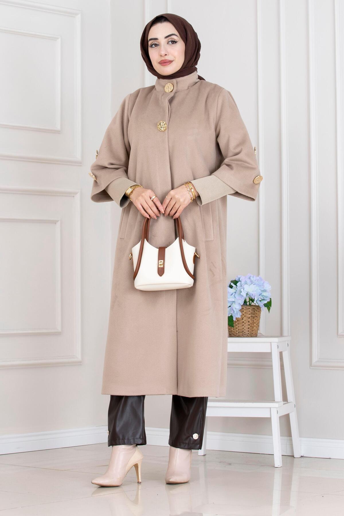 Sevitli Hakim Yaka Broş Düğme Detaylı Kaban-VİZON