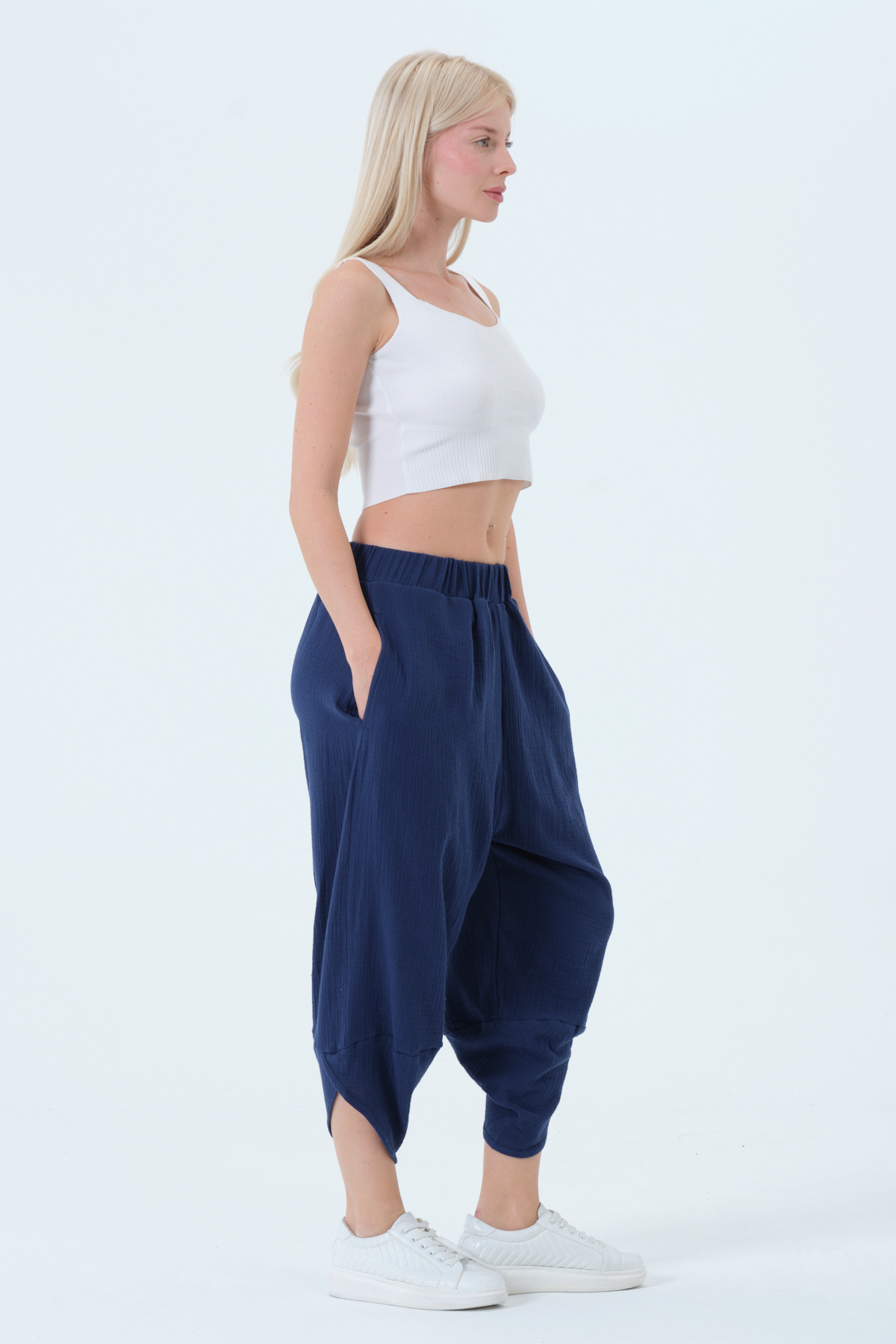 RELAXL Yoga Meditasyon Kıyafeti %100 Pamuk Lacivert Müslin Şalvar