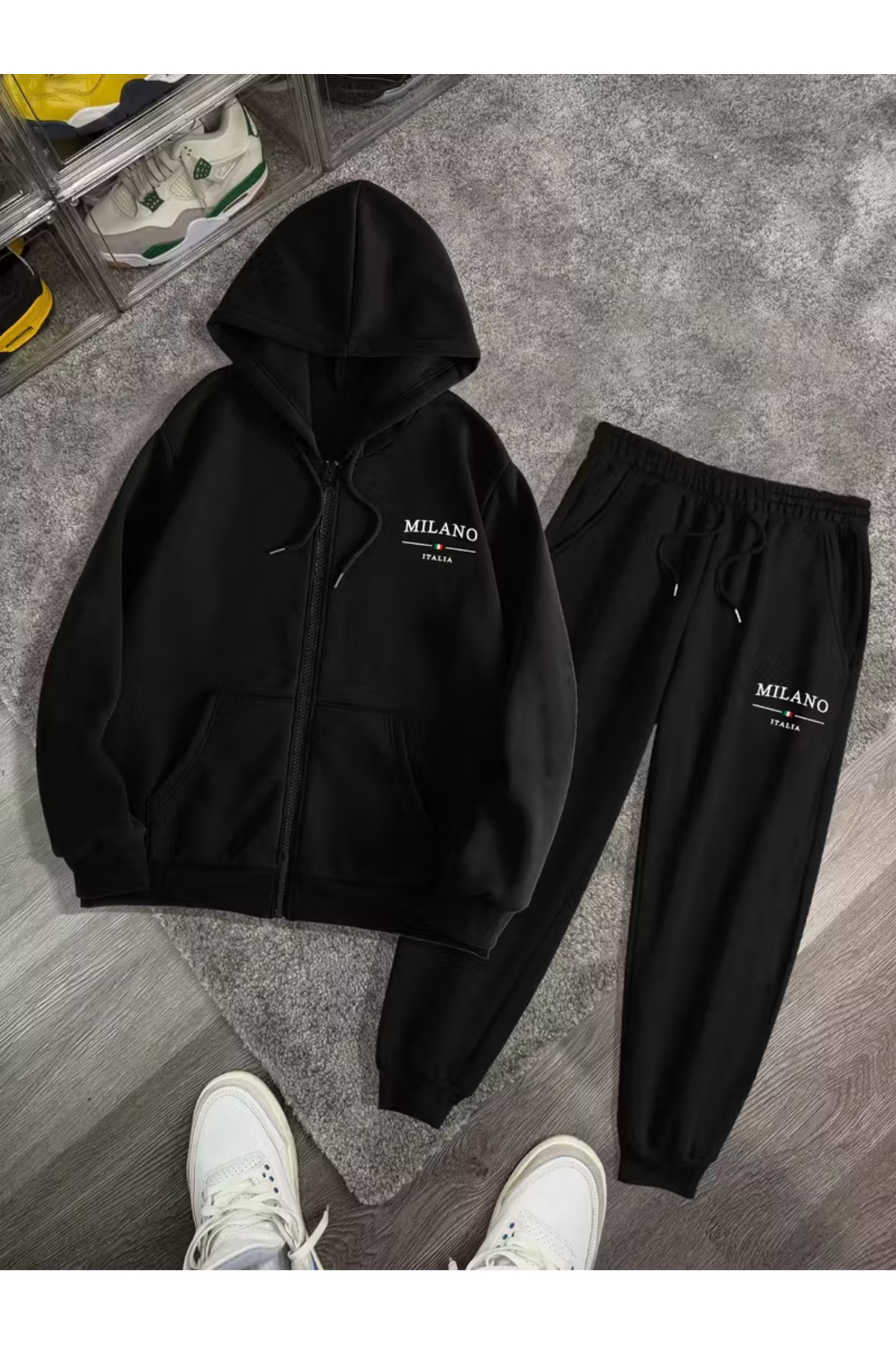 طقم سويتشيرت وهودي Oversize Smiley Unisex بطبعة 3 إبر