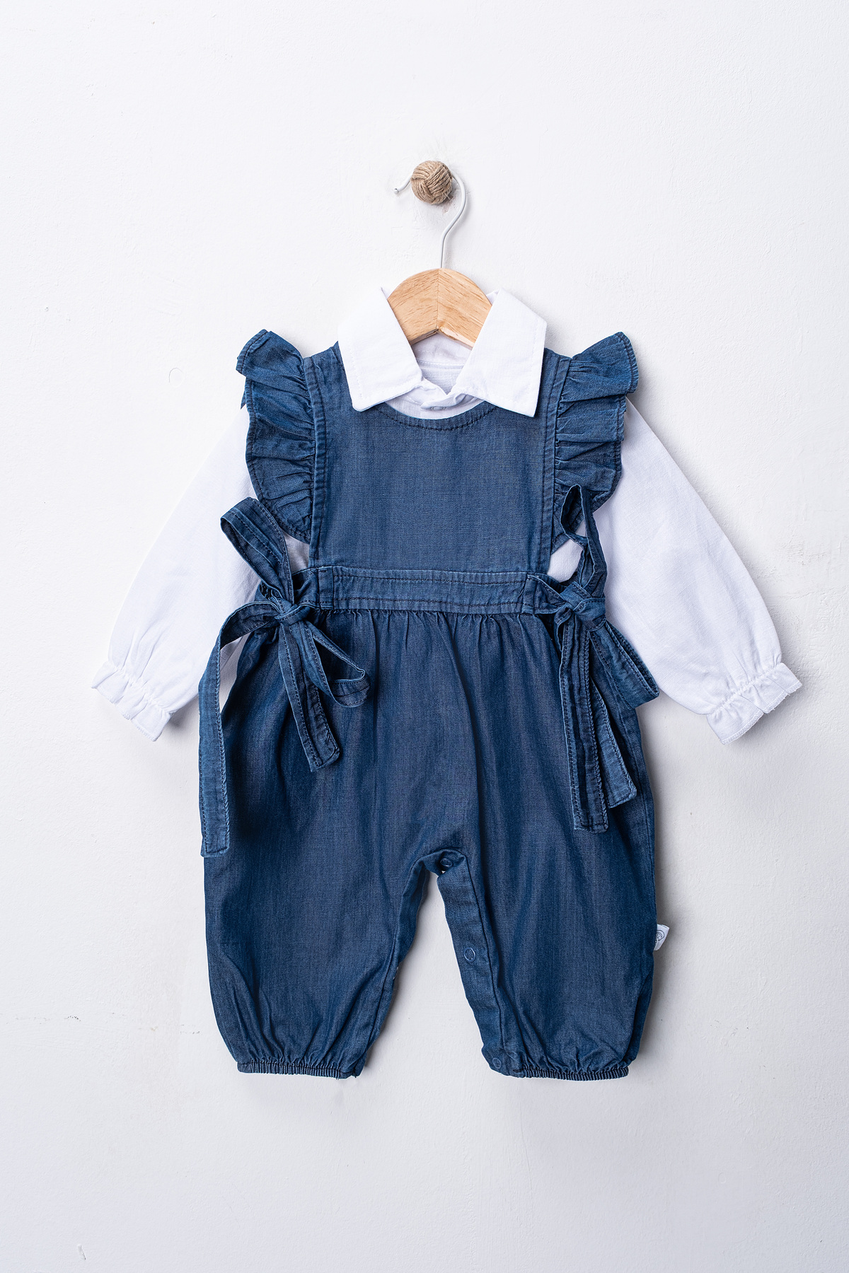 Momivi Kids Kız Bebek&Çocuk Gömlekli Fırfırlı Askılı Denim Tulum Takımı fotoğrafı 2 (önizleme)