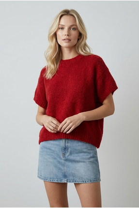 Qoolest Kadın Bordo Yumuşak Dokulu Yünlü Kısa Kollu Oversize Triko Kazak