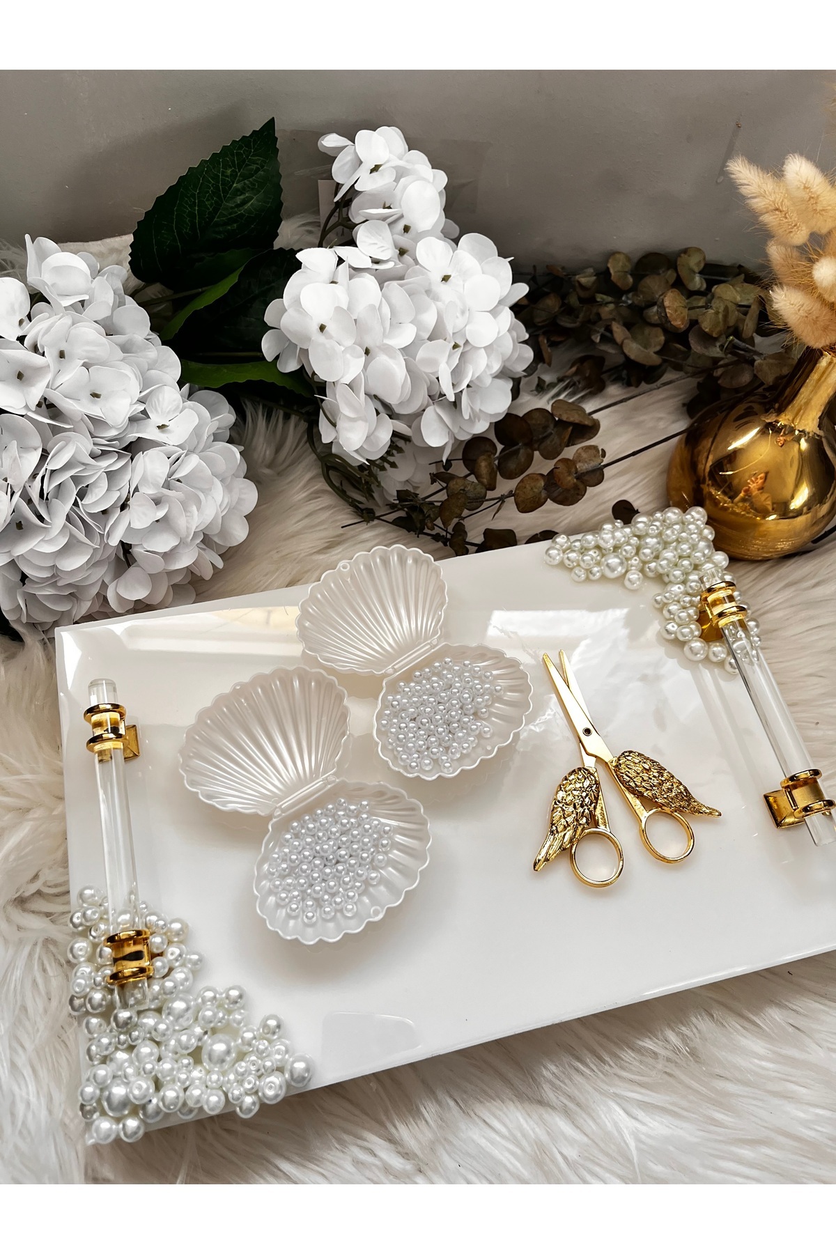 RESİNARTSHOP Epoksi İncili Dikdörtgen Nişan Tepsisi Seti Gold