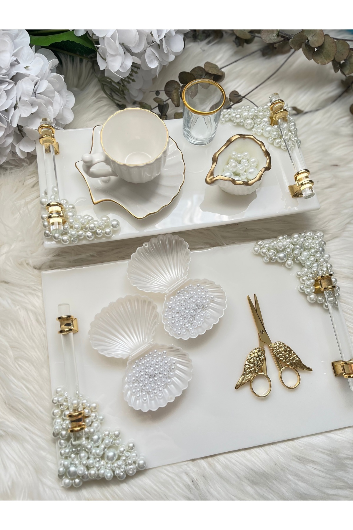 RESİNARTSHOP Epoksi İncili Dikdörtgen Nişan Seti Gold