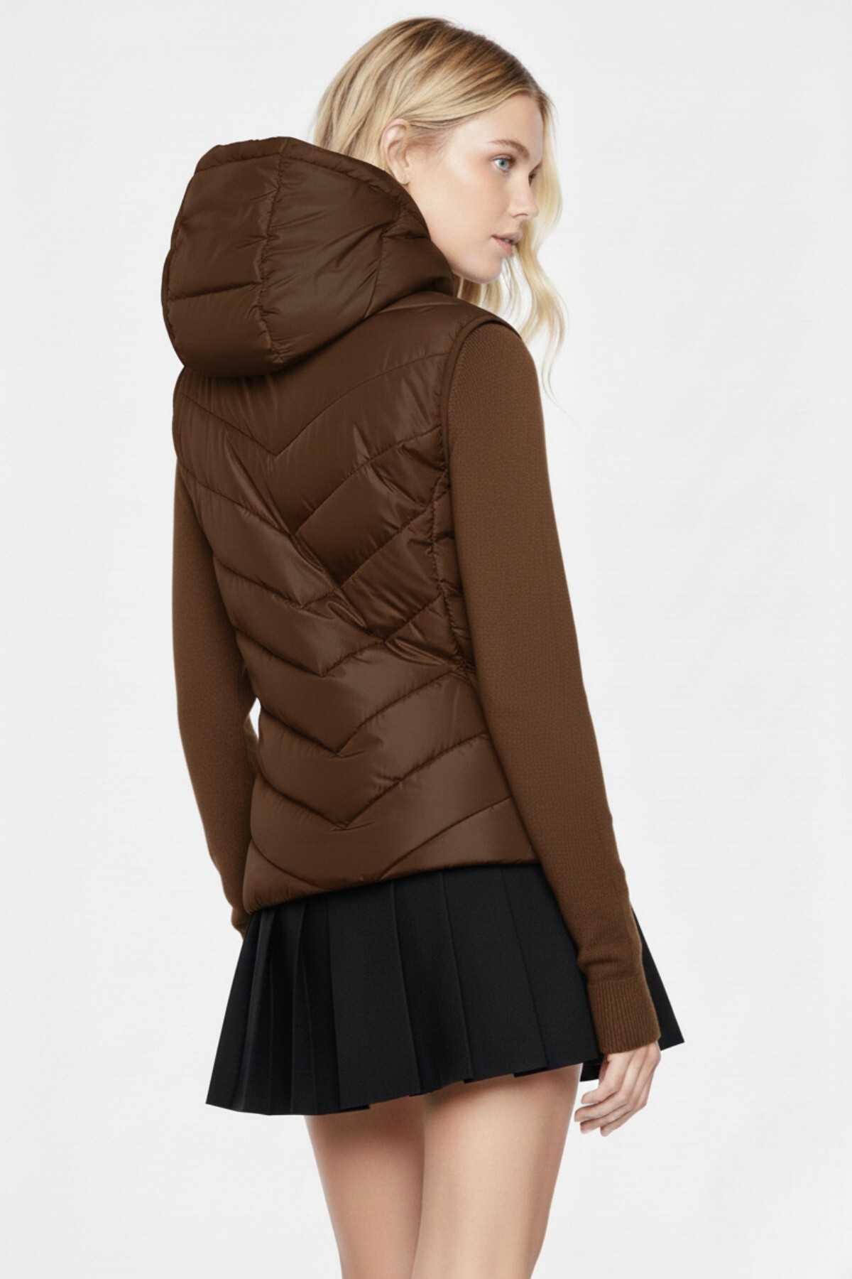 YONEZ MODA  Kahverengi Kapüşonlu Range Rover Mom Kontrast Kışlık Slim Fit Rüzgar Geçirmez Fermuarlı Kadın Mont - Görsel 3