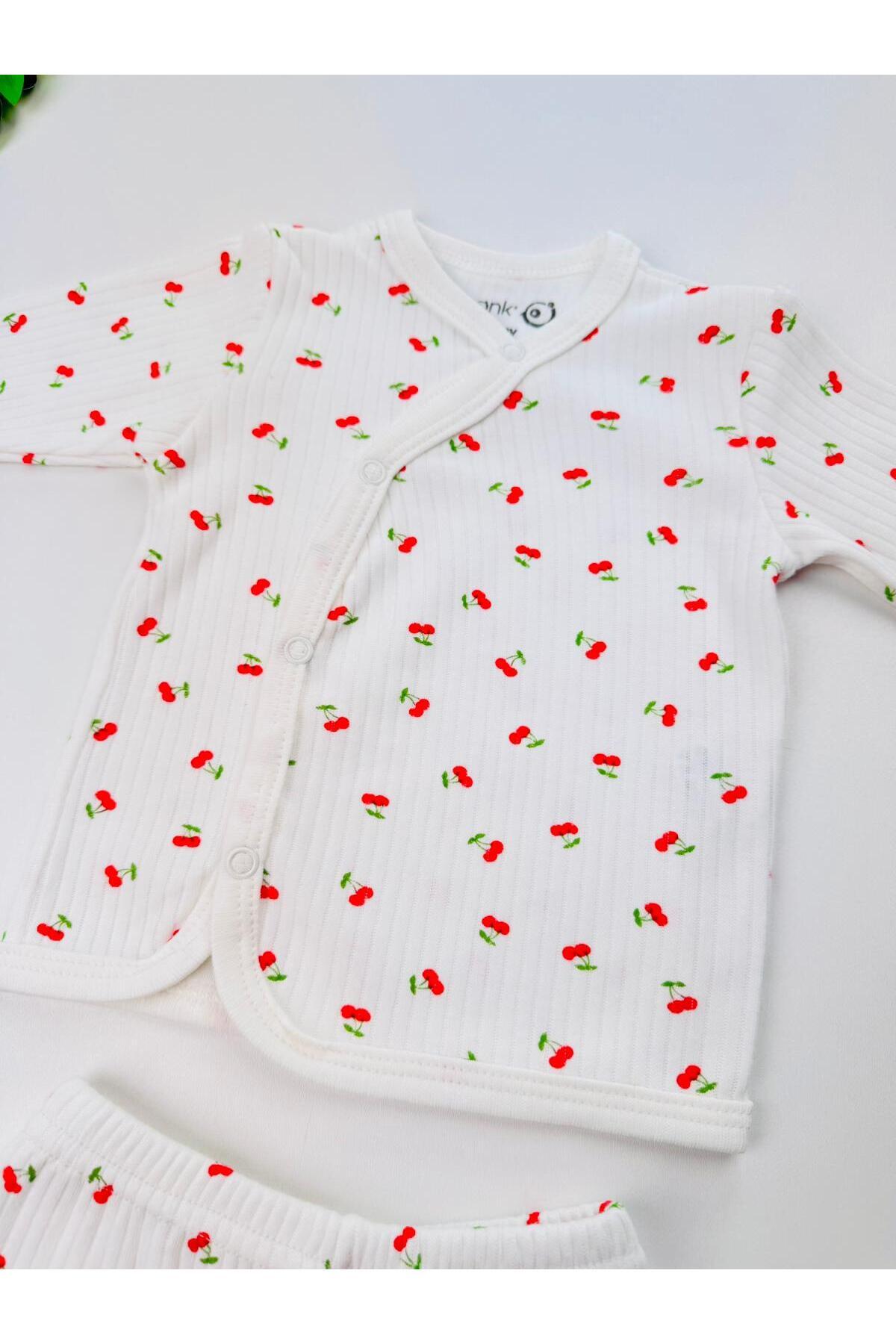 EFU BABY 3lü Kiraz Desenli Bereli %100 Pamuklu Kız Bebek Yenidoğan Zıbın Set fotoğrafı 5 (önizleme)