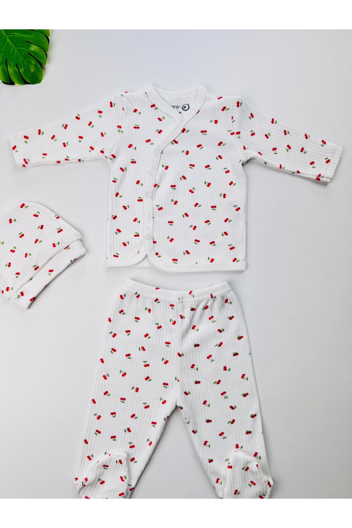 EFU BABY 3lü Kiraz Desenli Bereli %100 Pamuklu Kız Bebek Yenidoğan Zıbın Set fotoğrafı 4 (önizleme)