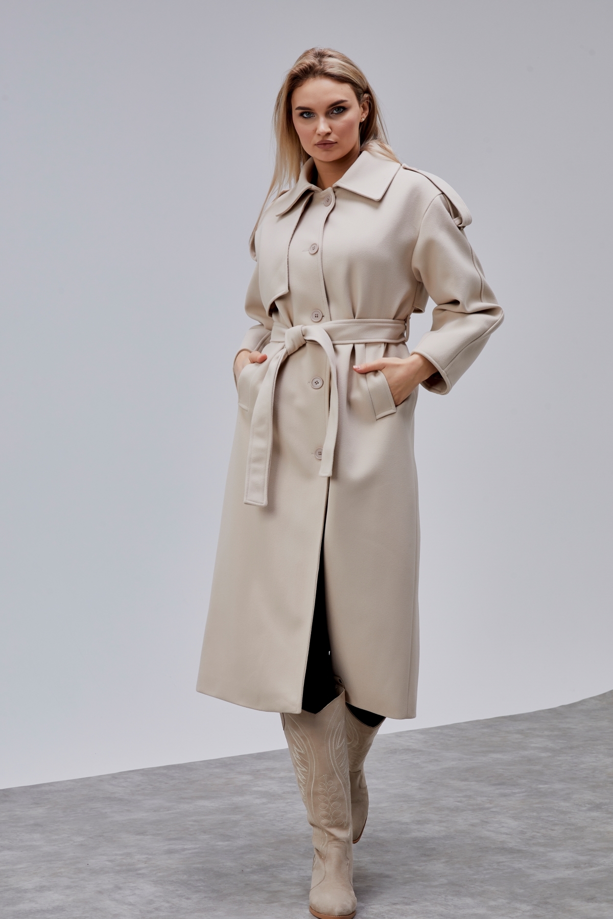 Bolivente  Marvella Bej Premium Apoletli Rüzgarlık Detaylı Kaşe Kaban