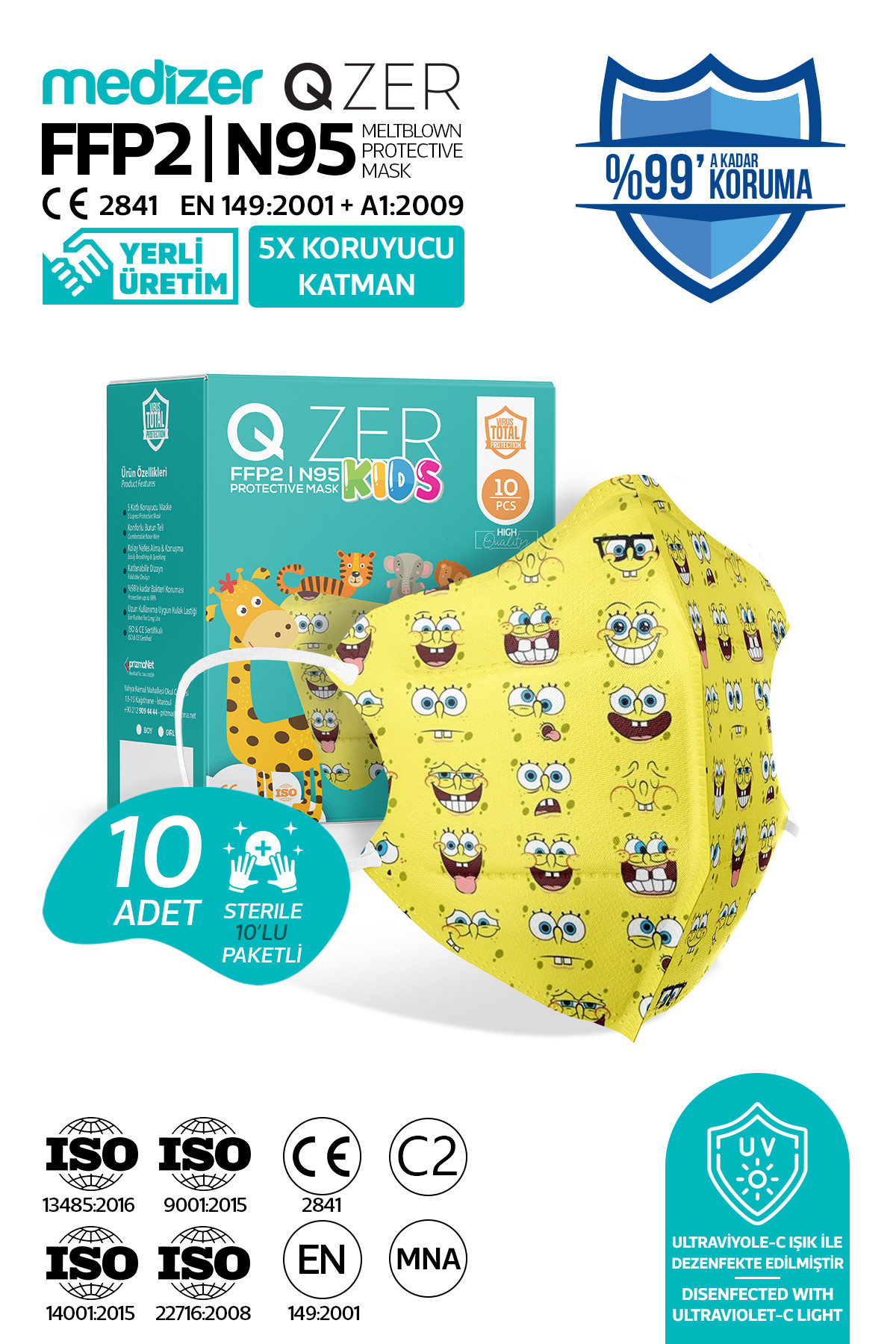 Medizer Qzer Sarı Sünger Desenli FFP2 N95 Maske 5 Katmanlı 10 Adet