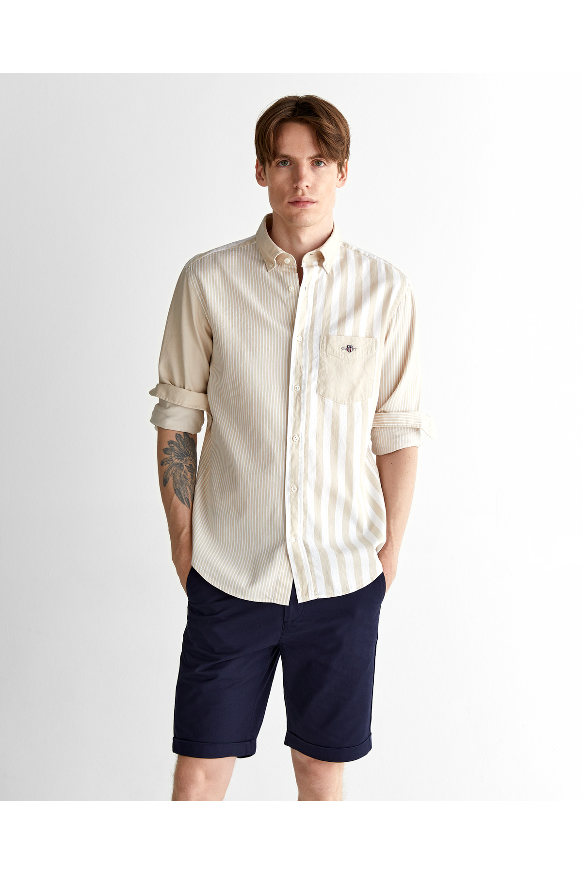 Gant  Erkek Bej Regular Fit Düğmeli Yaka Çizgili Gömlek