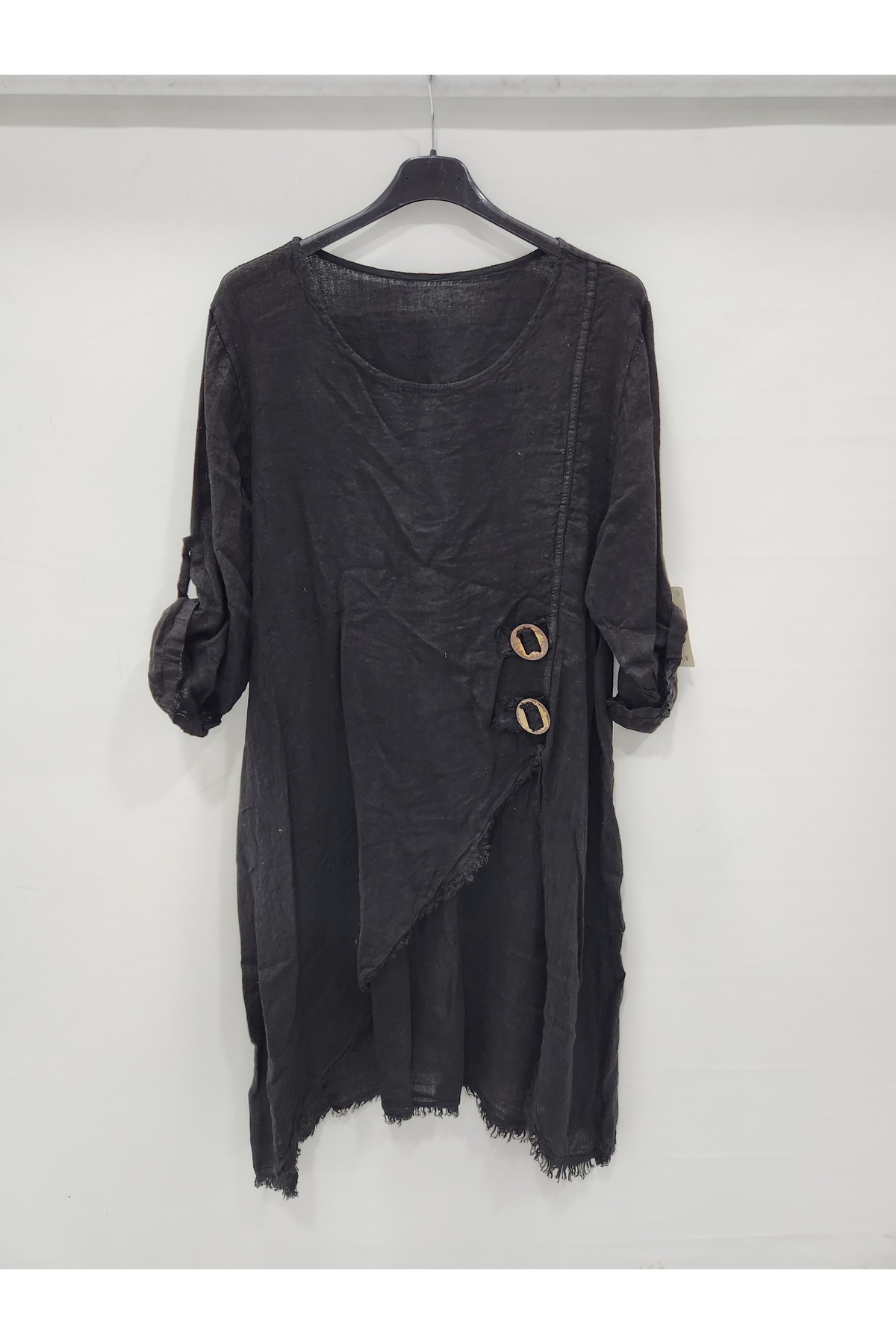 Women's Black Italian Deep Side Slit Long Linen Tunic