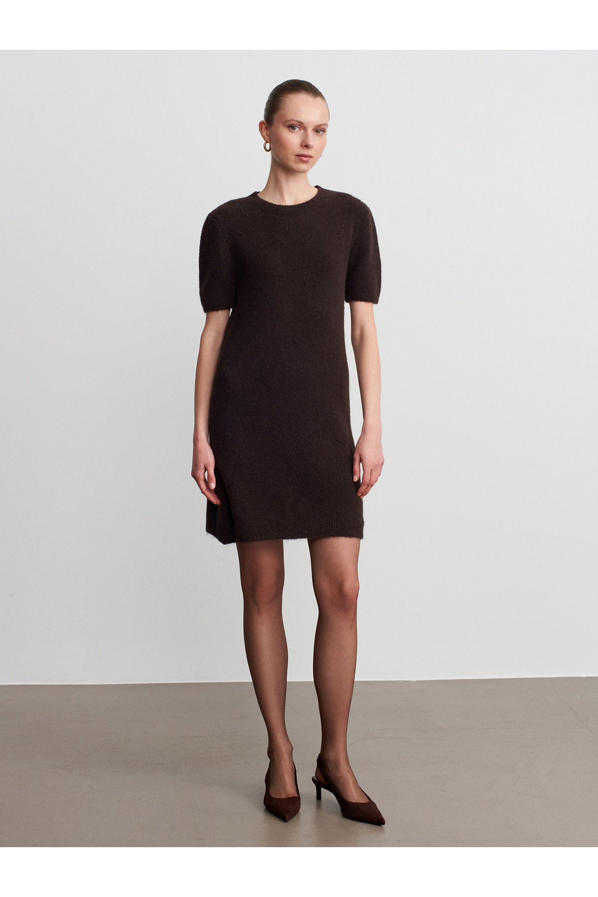 Dilvin 90257 Bisiklet Yaka Yün Karışımlı Triko Elbise-Koyu Kahve