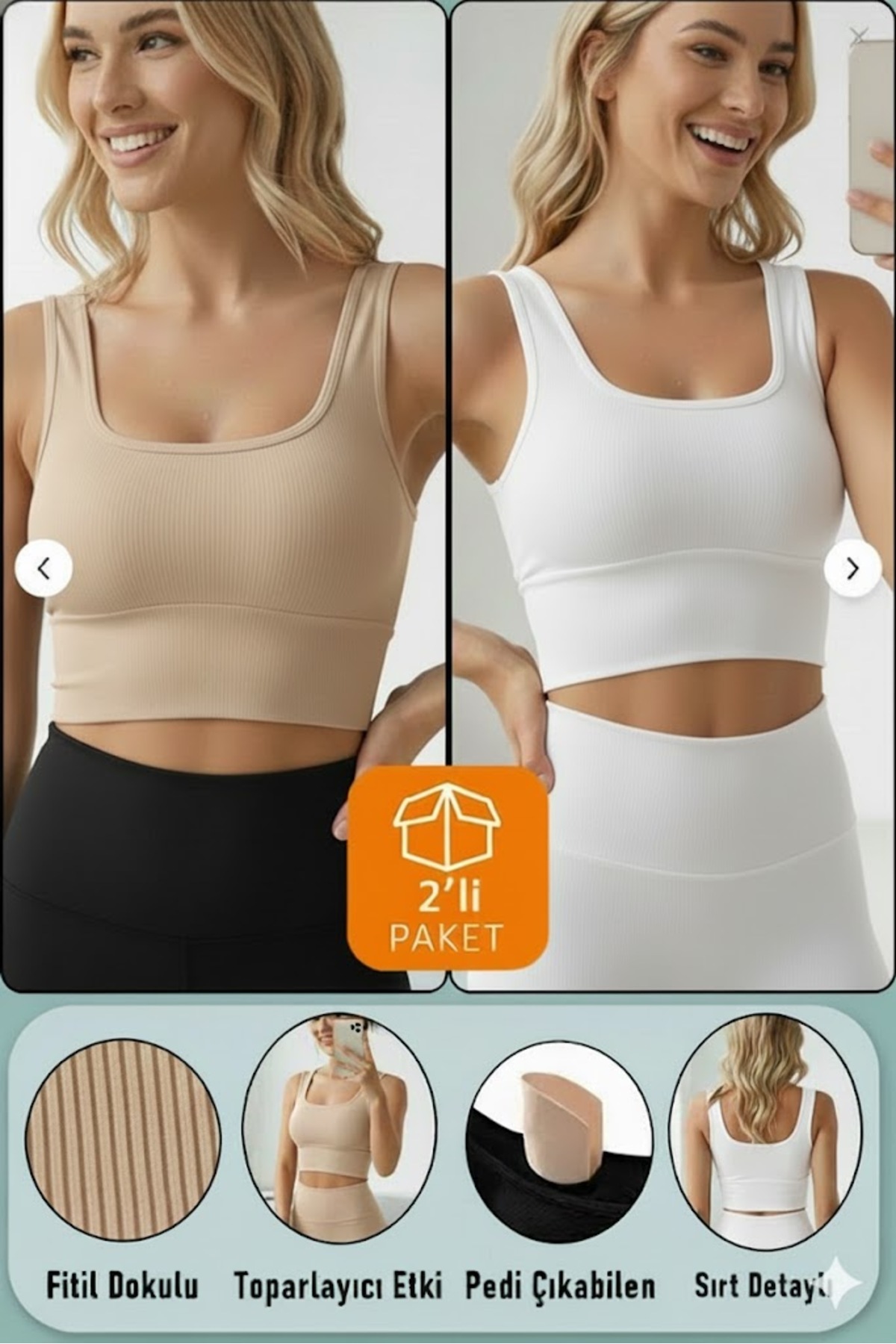 DOCE ELEGANTE Kadın Crop 2'li Paket Pedli Spor Sütyeni Yarım Atlet Büstiyer Bluz