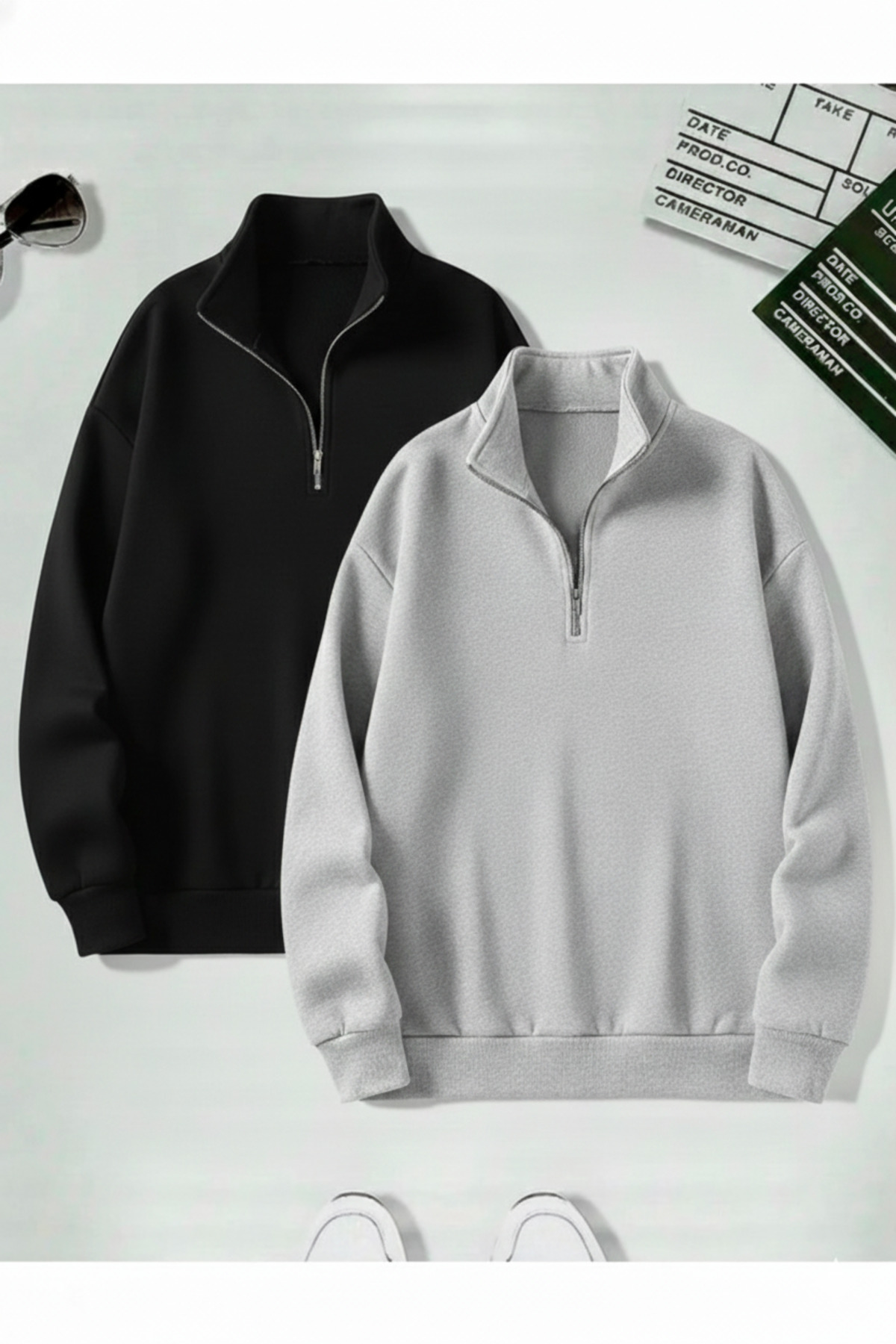 EYAX MODA 2'li Unisex Dik Yakalı Fermuarlı Oversize Sweatshirt - Büyük Beden Sweatshirt