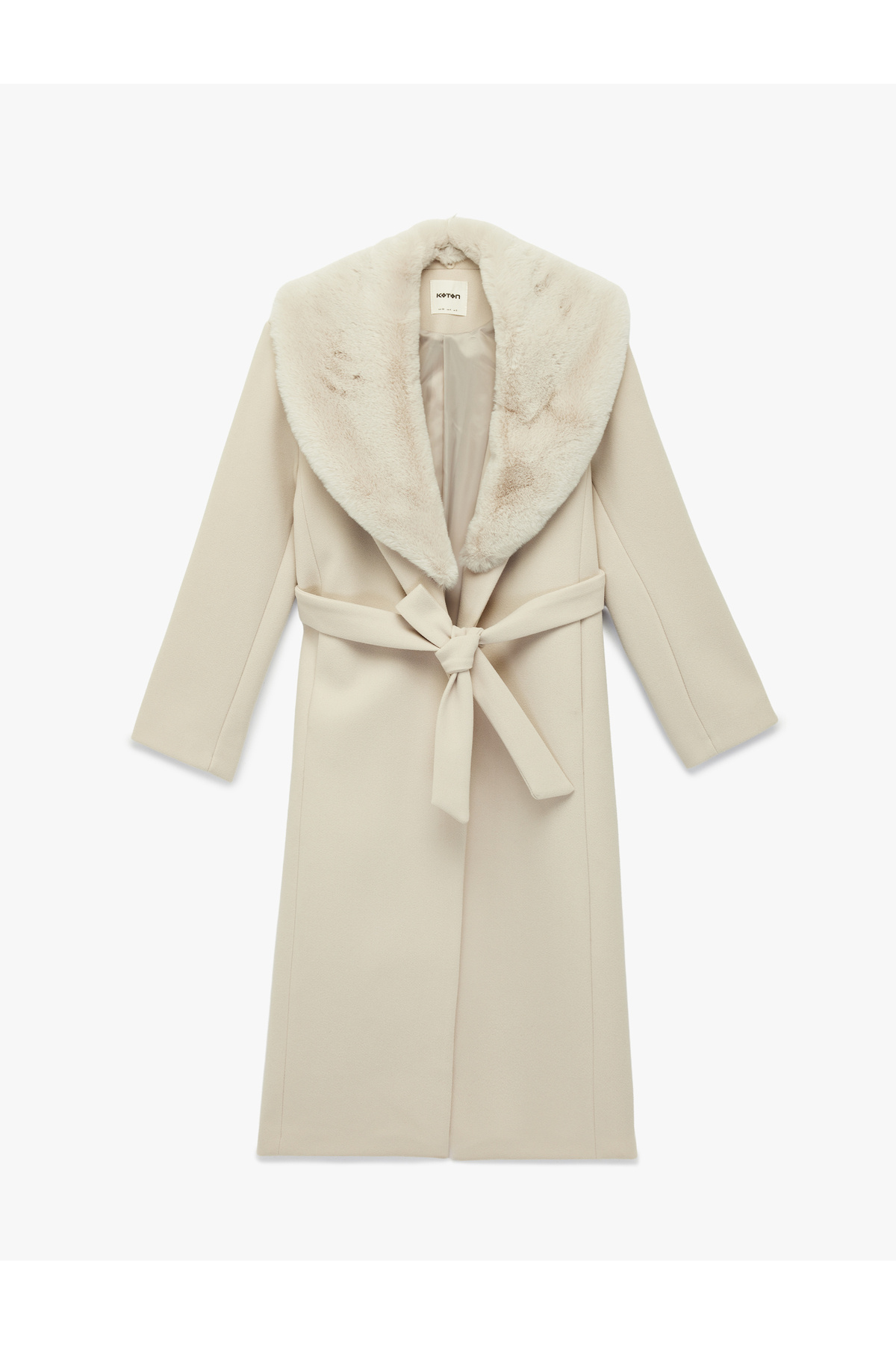 Koton Çıkarılabilir Suni Kürk Yaka Kaban Kemerli Kaşe Uzun Kollu