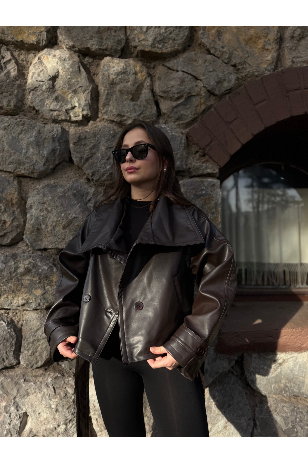 NET OF NOT  Yeni Sezon Kahverengi Kruvaze Düğmeli Deri Ceket - Görsel 2