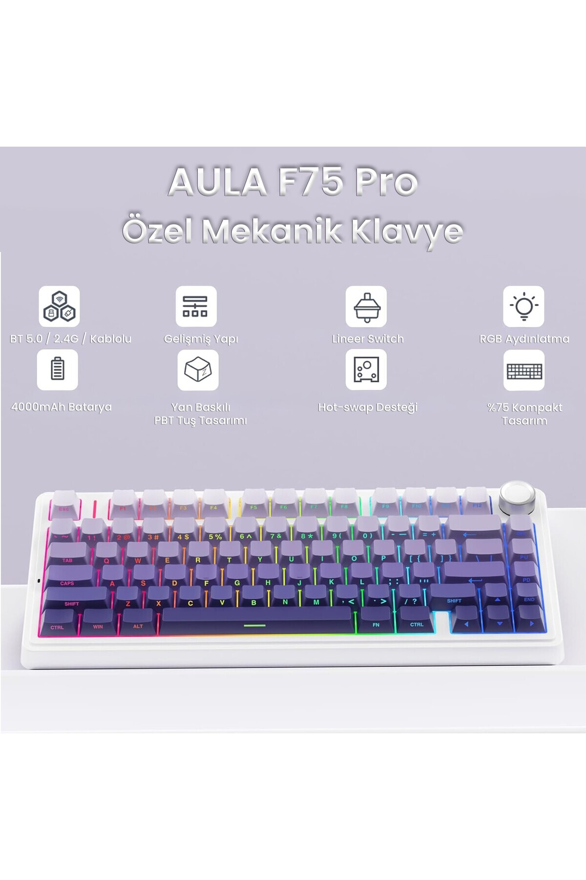 کیبورد مکانیکی F75 RGB TKL سوئیچ Seiya بی‌سیم ماکرو دار Hot Swap رنگ گرادیان بنفش