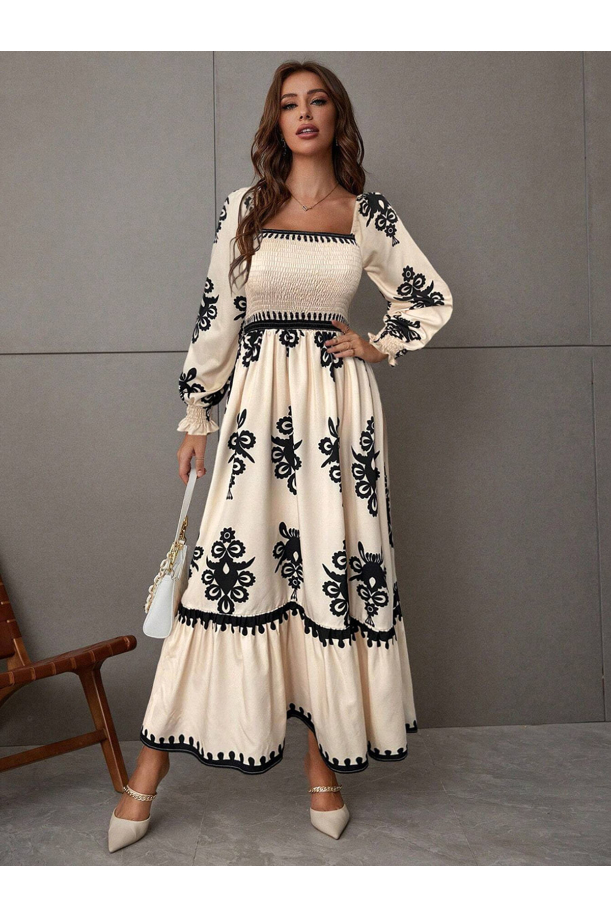 Take Two By Styli Women Beige Printed Square Neck Maxi Dress