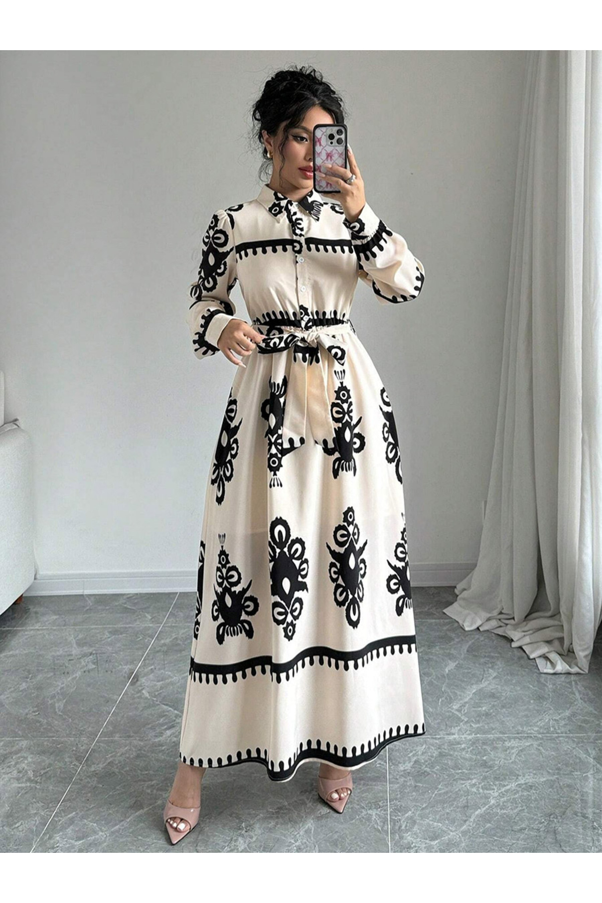 Take Two By Styli Women Graphic Belted Button Front Maxi Dress