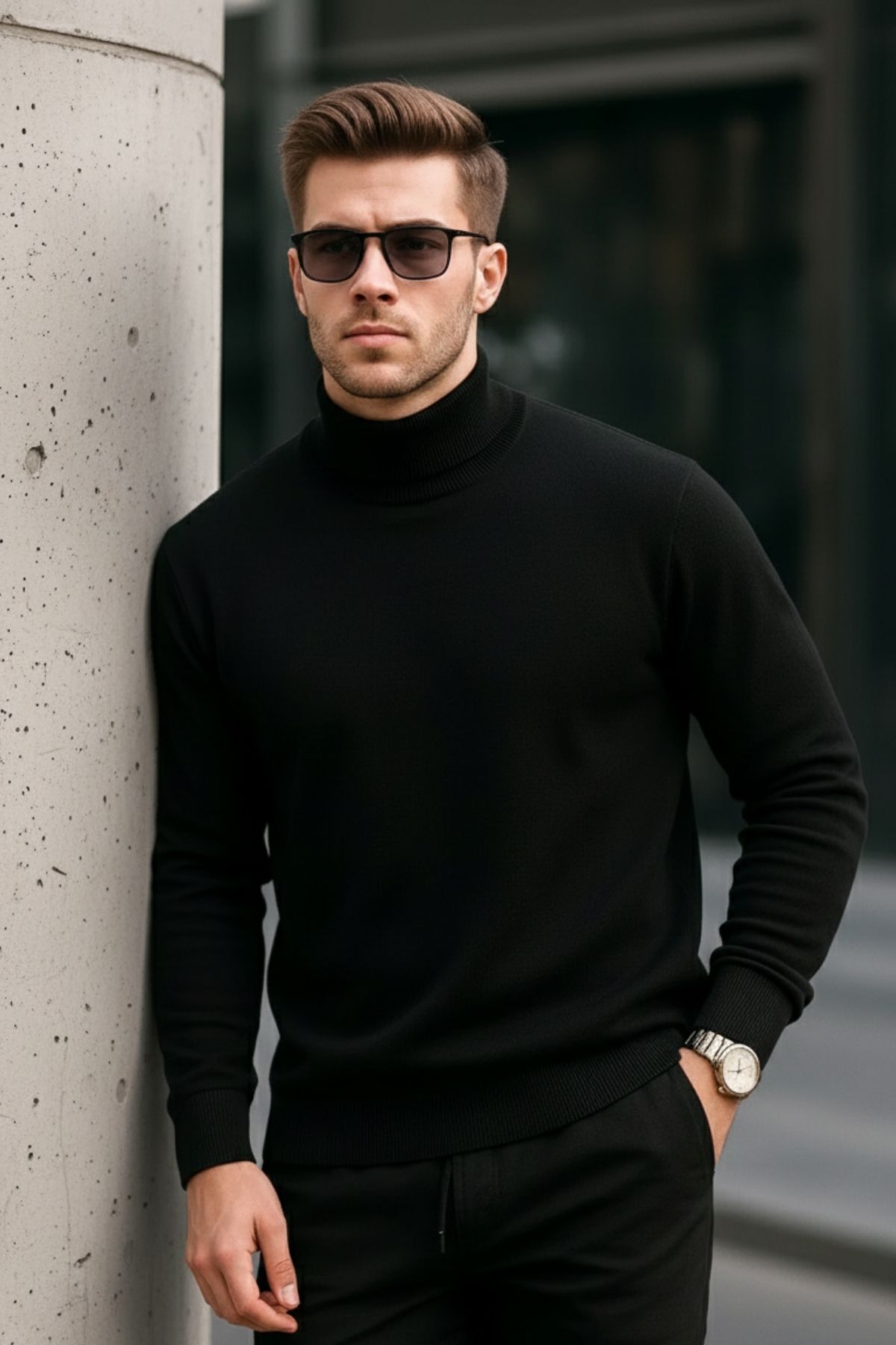 COMBİNE MİCHAİL  Erkek Premium Siyah Boğazlı Bol Triko Kazak - Görsel 3