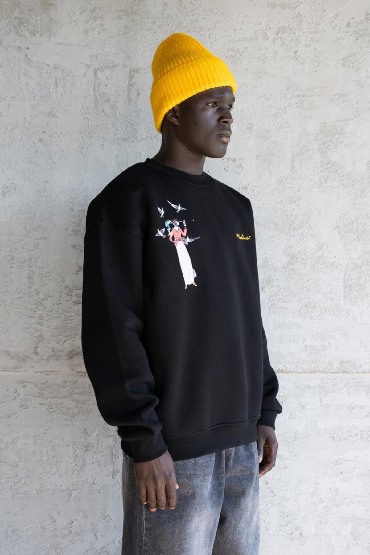Machinist Erkek Figür Nakışlı Şardonlu Sweatshirt Siyah görsel 3