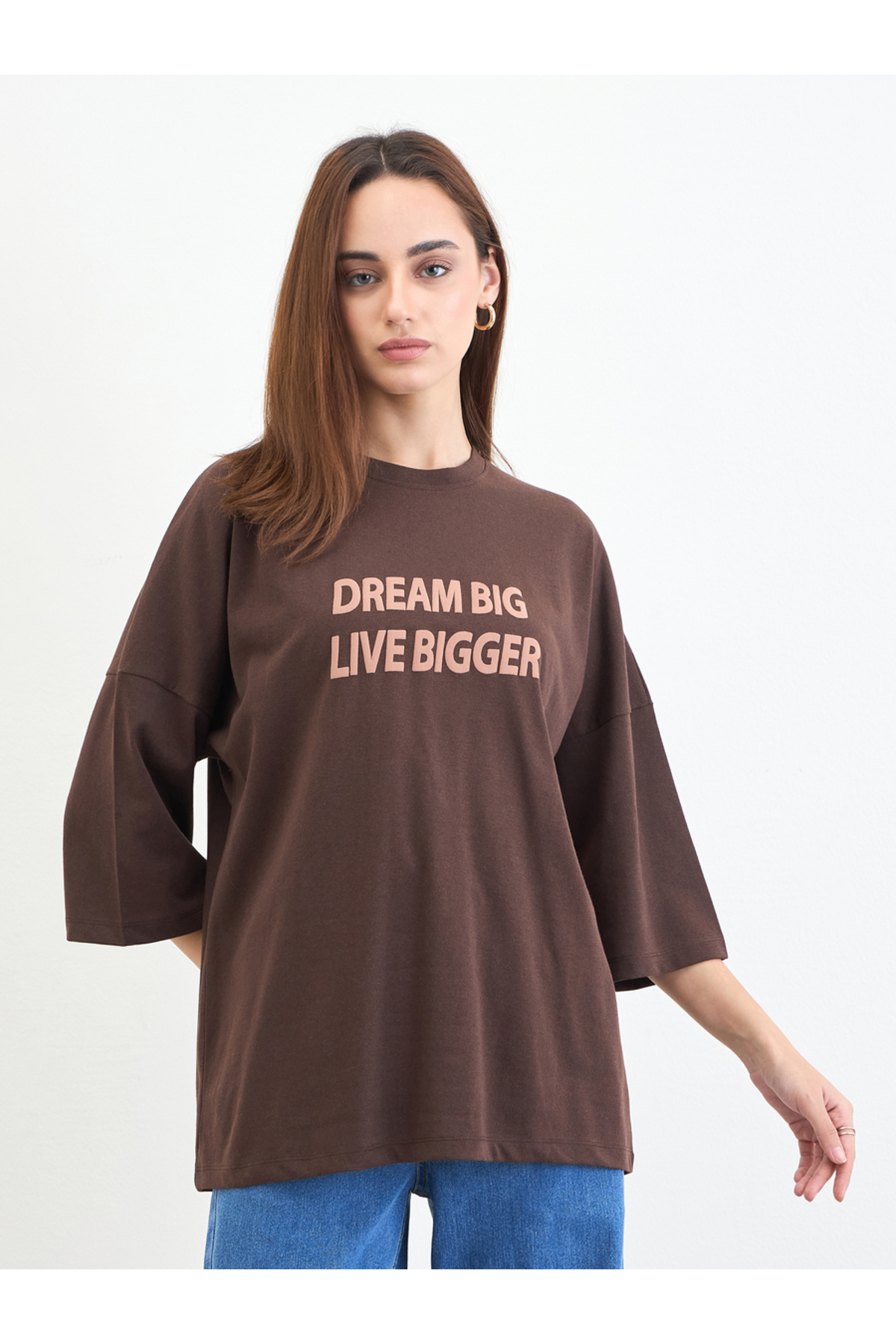 Styli Brown Slogan Embossed Oversized T-Shirt