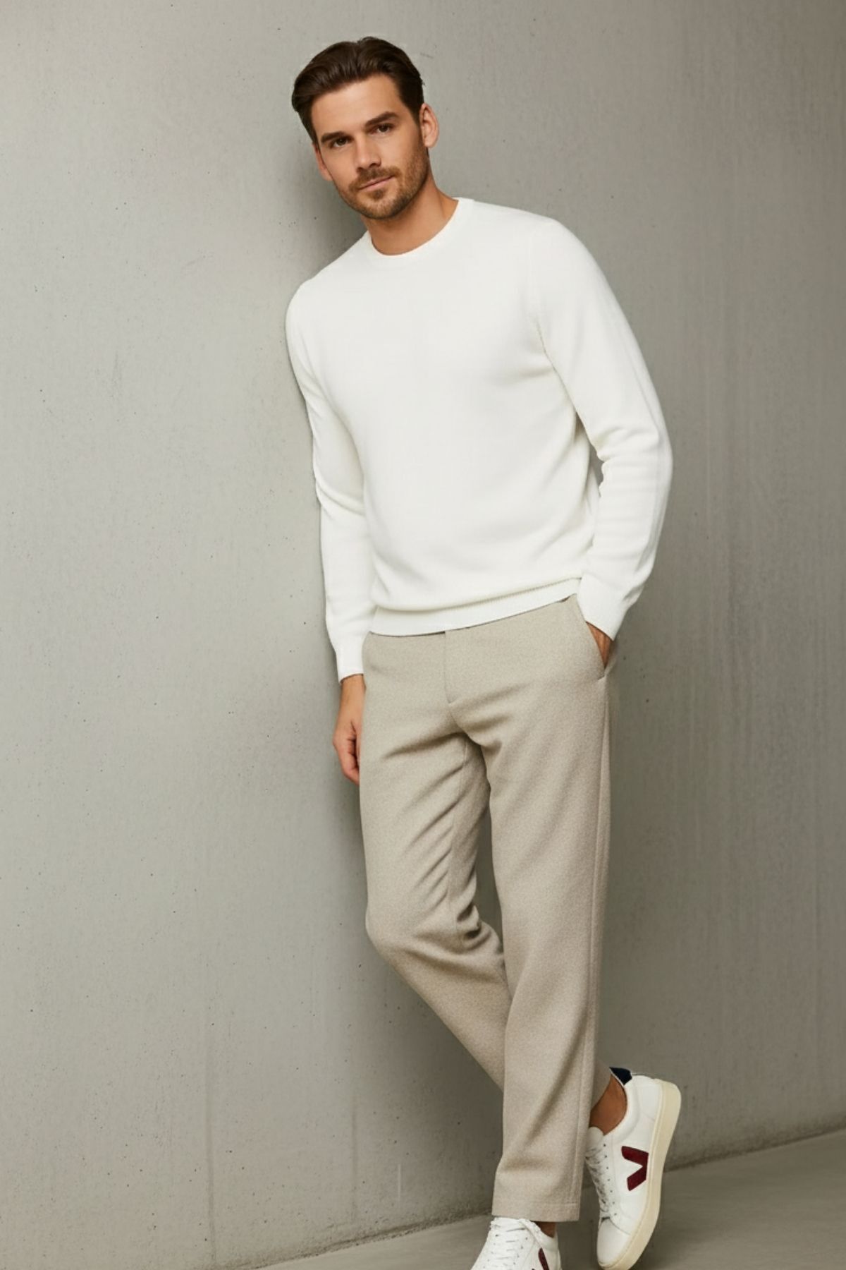 COMBİNE MİCHAİL  Erkek Bisiklet Yaka Salaş Ekru Triko Kazak - Görsel 3