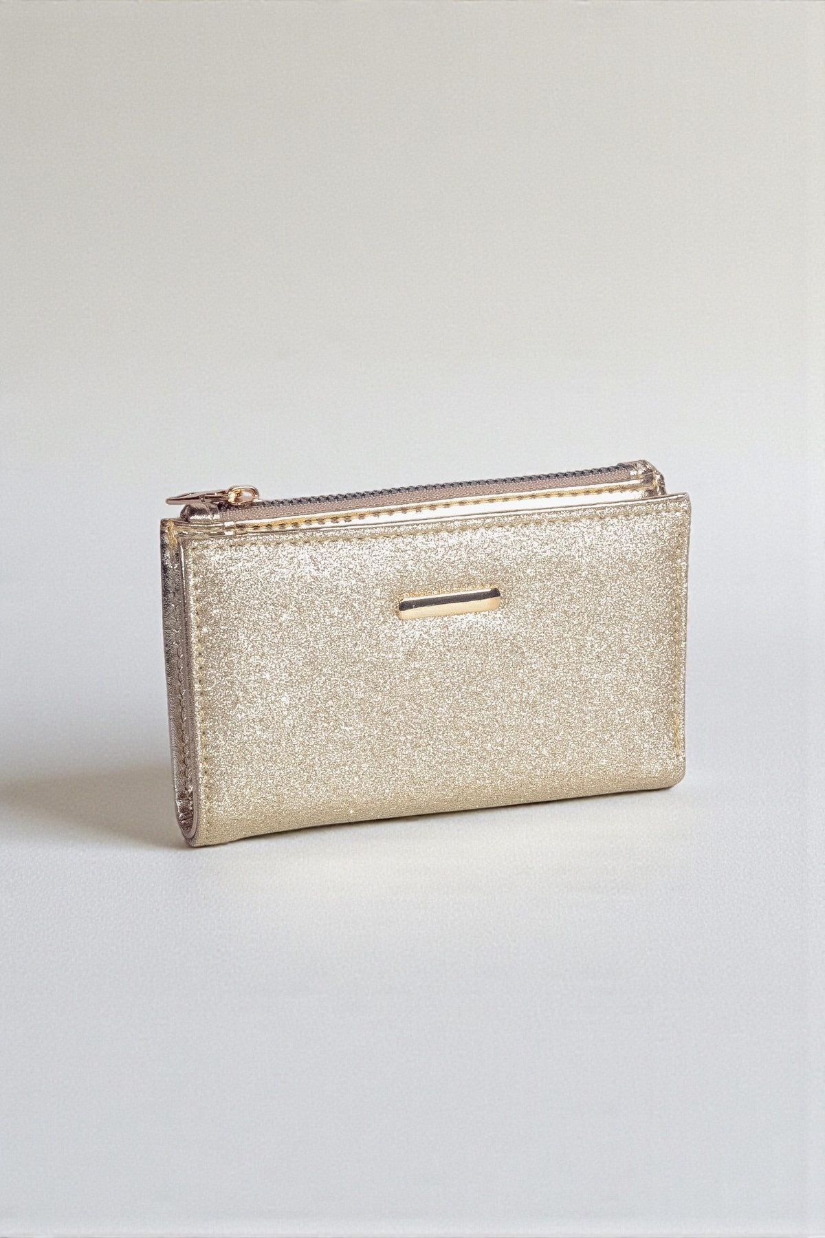 Women's Gold Glitter Zipper Wallet – Card Holder and Coin and Cash Split