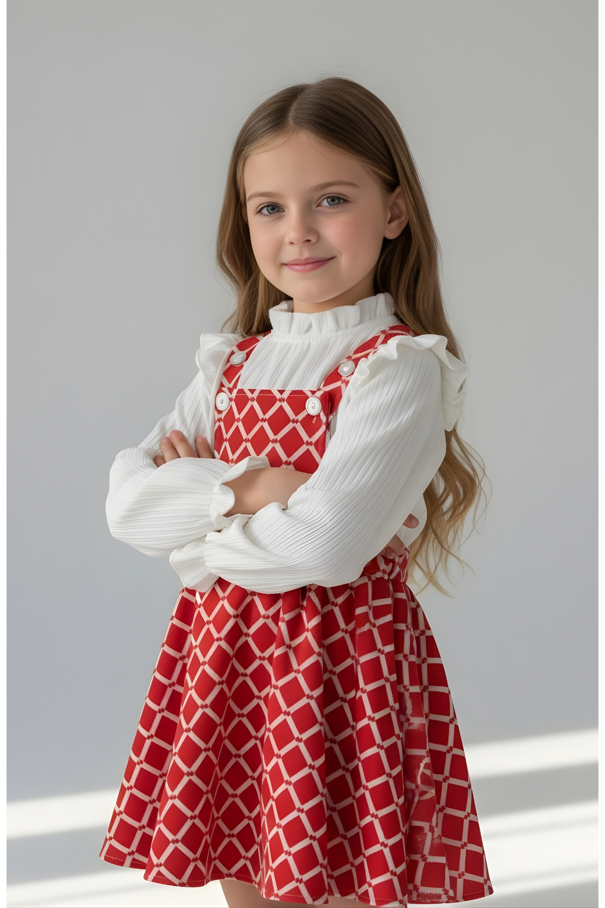 FESSHERA KİDS Kız Çocuk Baklava Desen Salopet Jile ve Fitilli Bluz Takım - Fırfırlı 2'li Alt Üst Set fotoğrafı 2 (önizleme)