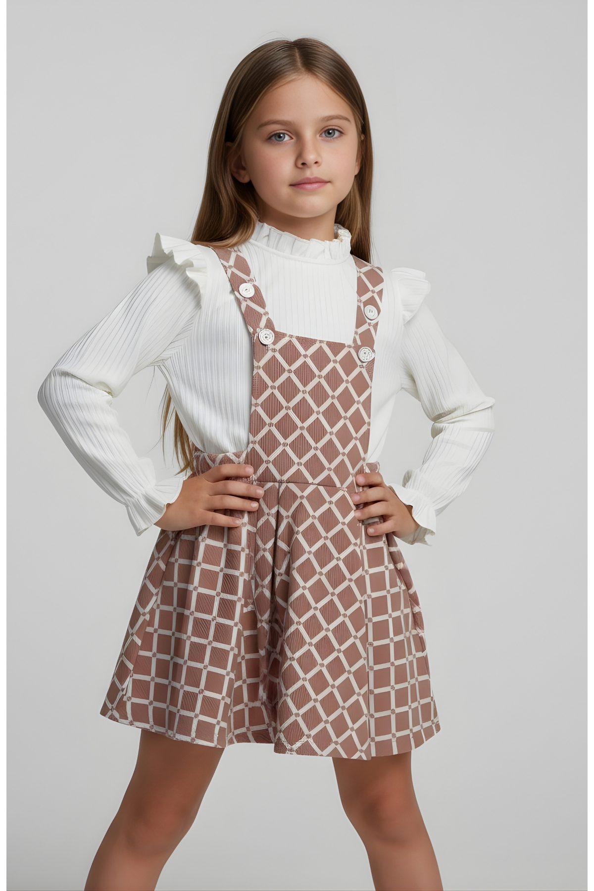 FESSHERA KİDS Kız Çocuk Baklava desen Salopet Jile ve Fitilli Bluz Takım - Fırfırlı 2'li Alt Üst Set fotoğrafı 7 (önizleme)