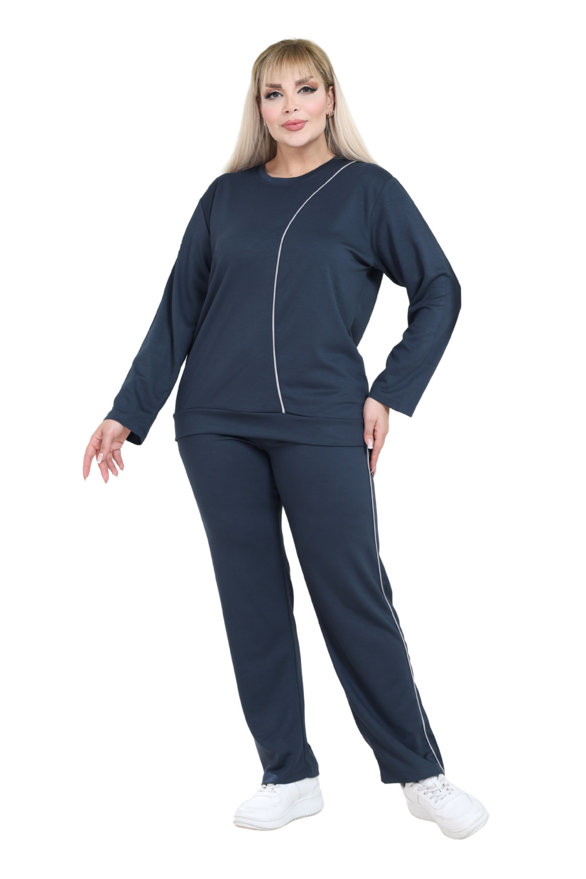 MELSAY Kadın Büyük Beden Lacivert Ekru Çizgi Detay Modal Eşofman Takımı