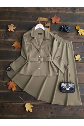 ŞAHİN TESETTÜR GİYİM GOLD DÜĞMELİ ÇİFT CEP TOKALI KEMERLİ CEKET KİLOŞ ETEK 1691