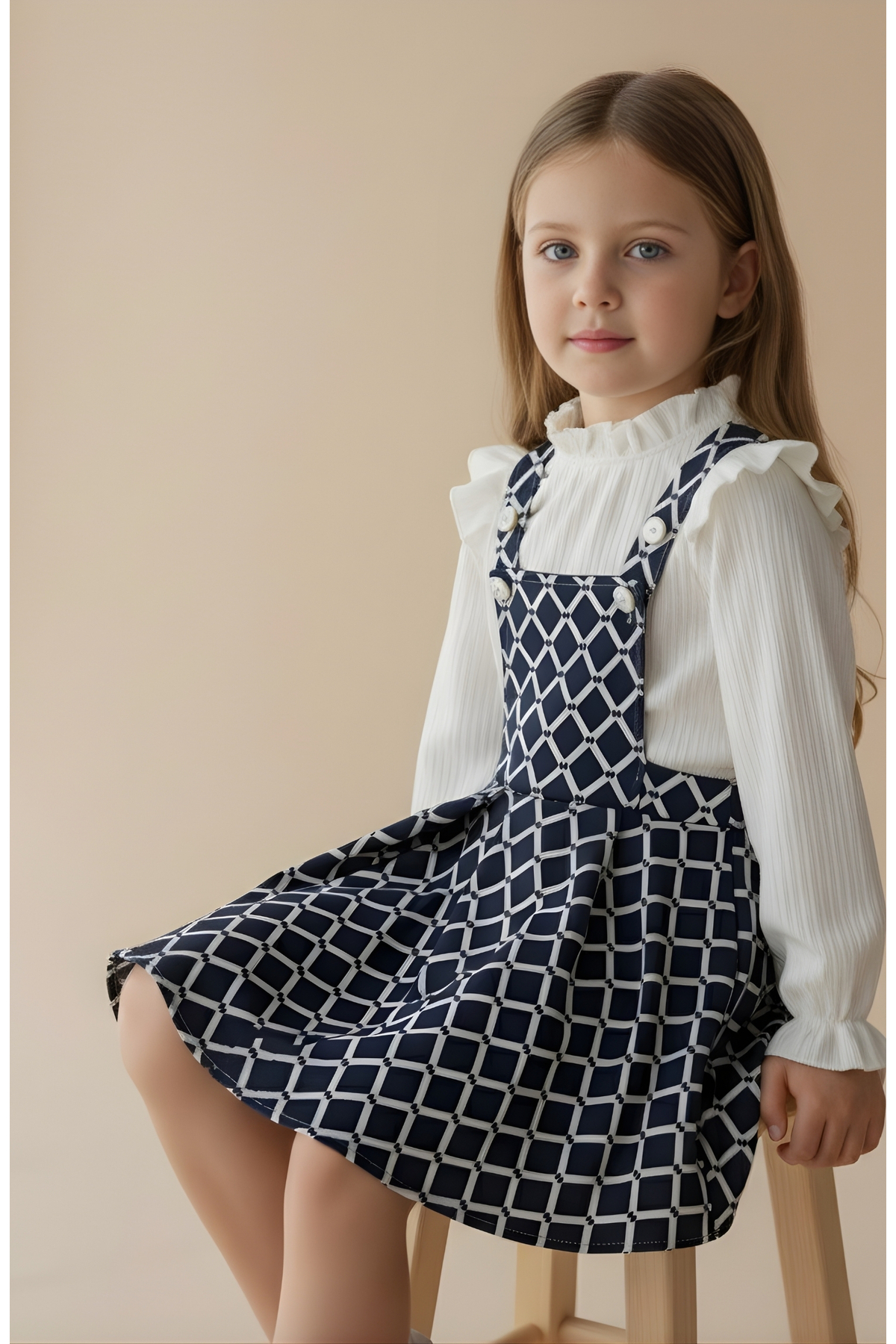 FESSHERA KİDS Kız Çocuk Baklava desen Salopet Jile ve Fitilli Bluz Takım - Fırfırlı 2'li Alt Üst Set fotoğrafı 5 (önizleme)