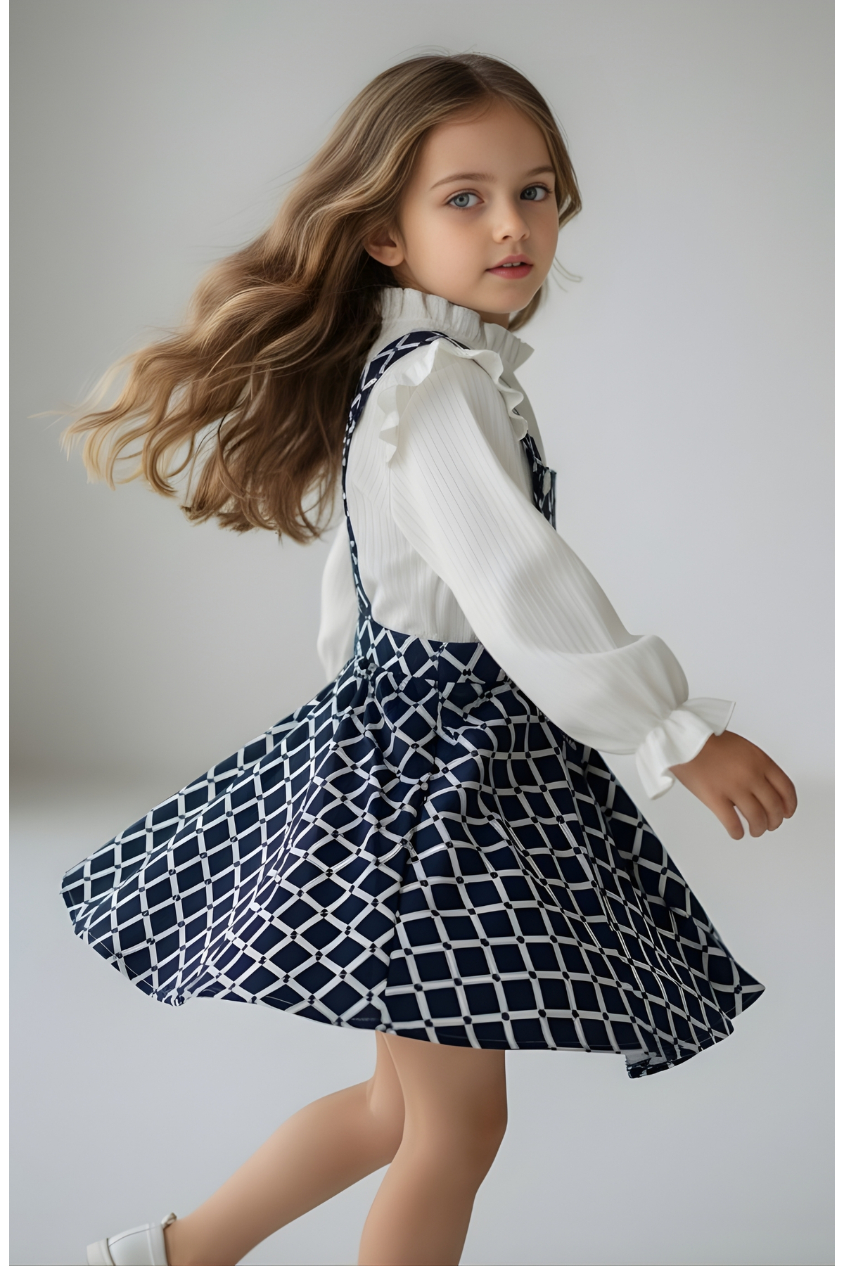 FESSHERA KİDS Kız Çocuk Baklava desen Salopet Jile ve Fitilli Bluz Takım - Fırfırlı 2'li Alt Üst Set fotoğrafı 2 (önizleme)