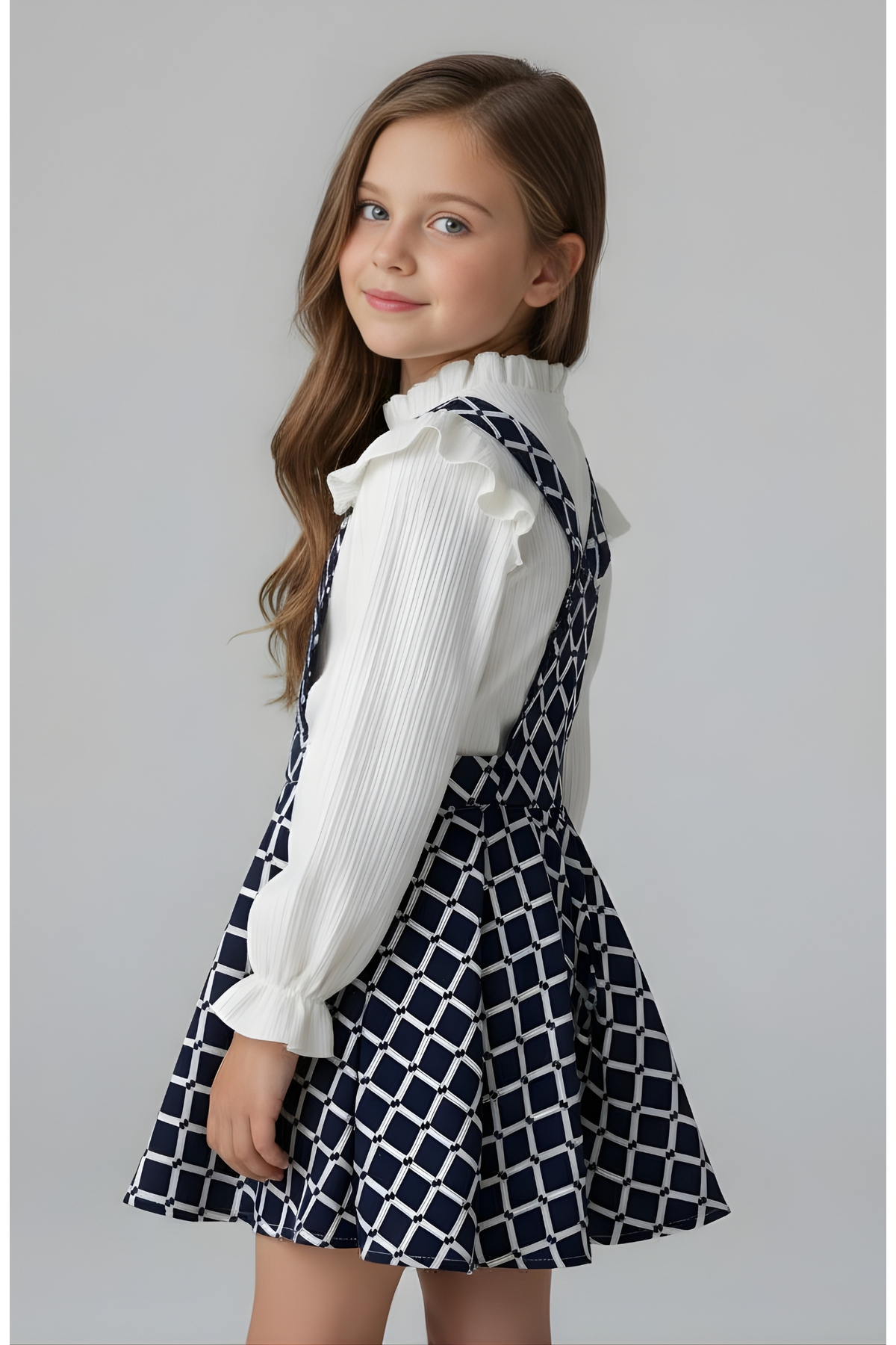 FESSHERA KİDS Kız Çocuk Baklava desen Salopet Jile ve Fitilli Bluz Takım - Fırfırlı 2'li Alt Üst Set fotoğrafı 4 (önizleme)