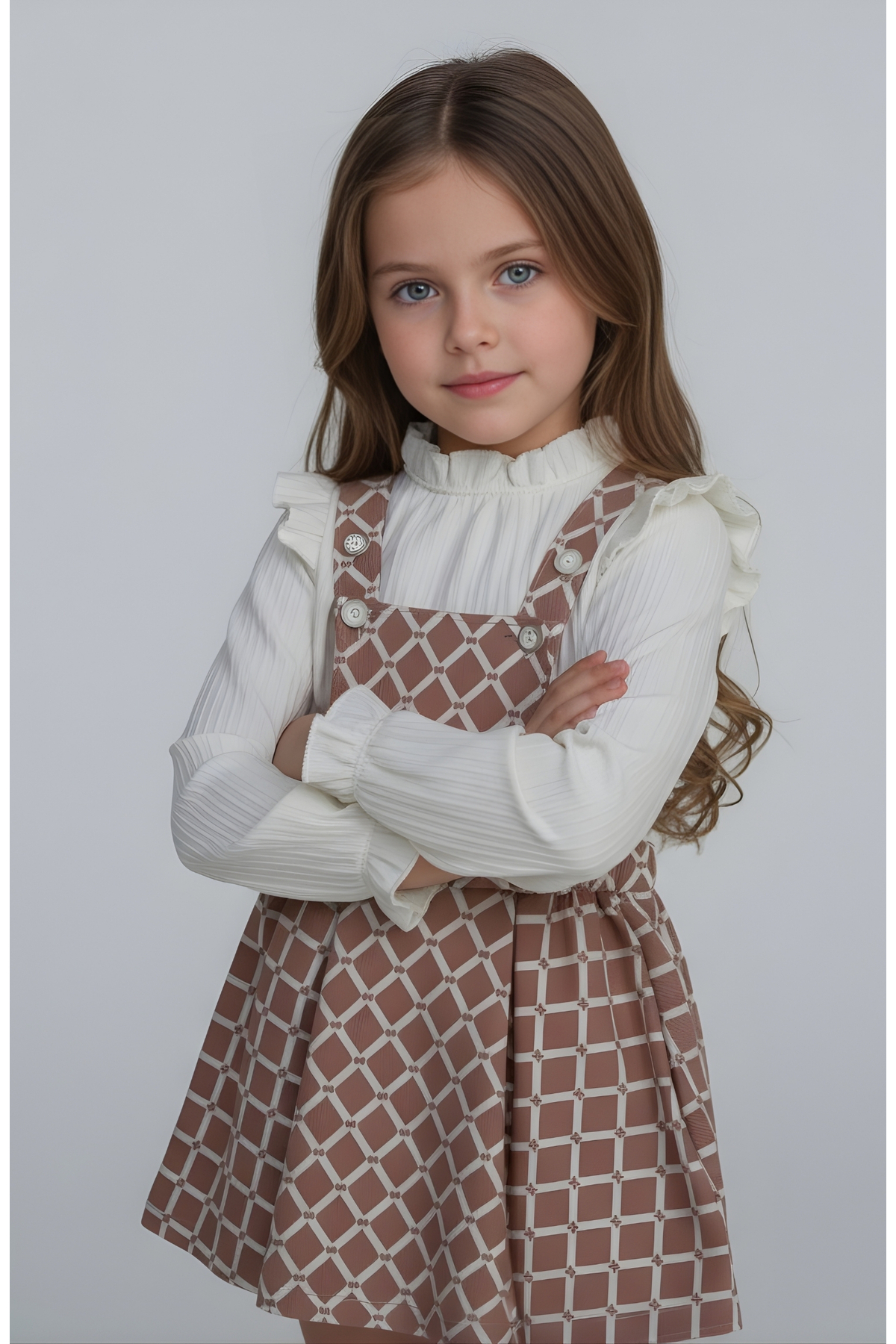 FESSHERA KİDS Kız Çocuk Baklava desen Salopet Jile ve Fitilli Bluz Takım - Fırfırlı 2'li Alt Üst Set fotoğrafı 4 (önizleme)