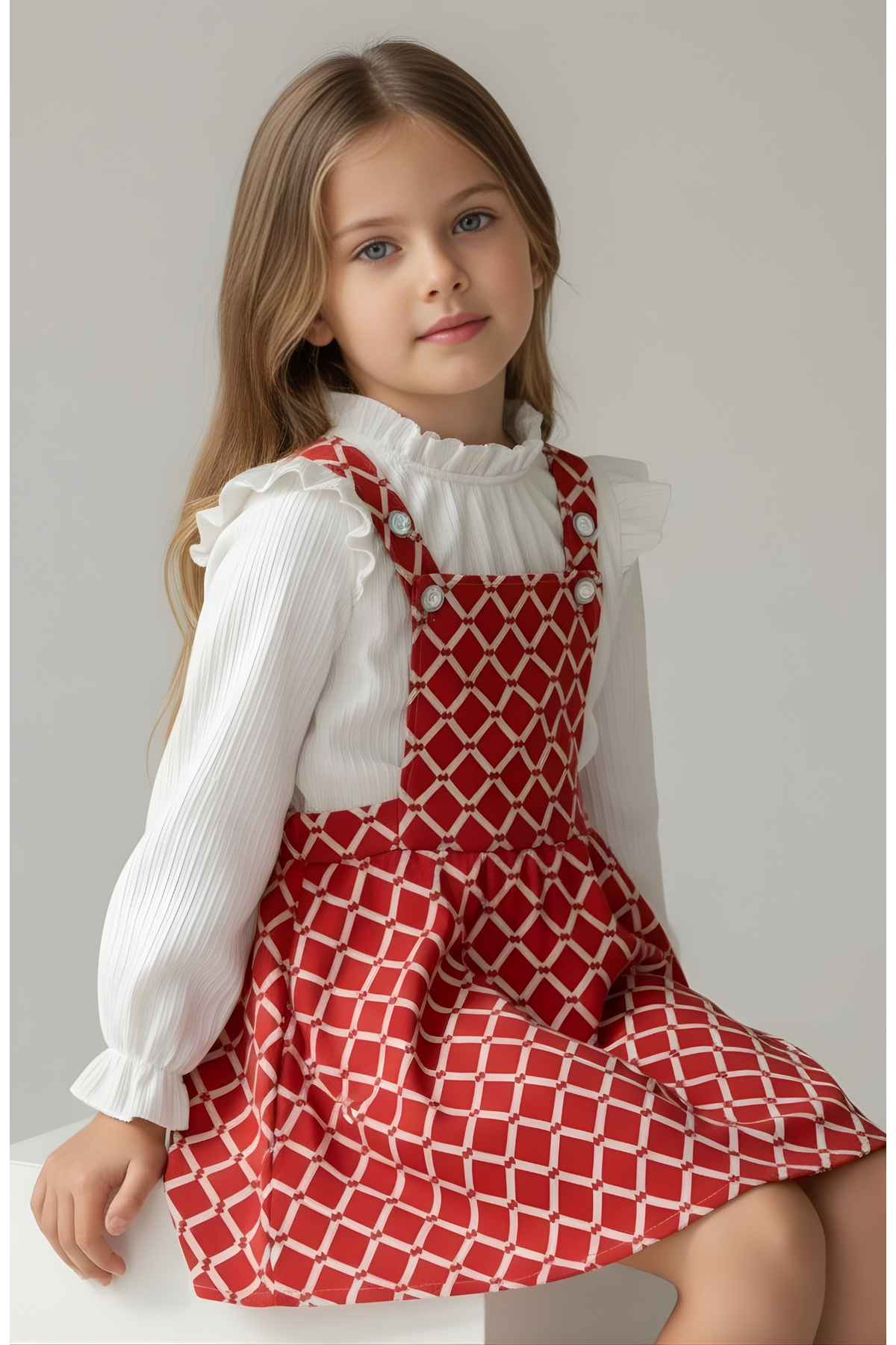 FESSHERA KİDS Kız Çocuk Baklava Desen Salopet Jile ve Fitilli Bluz Takım - Fırfırlı 2'li Alt Üst Set fotoğrafı 5 (önizleme)