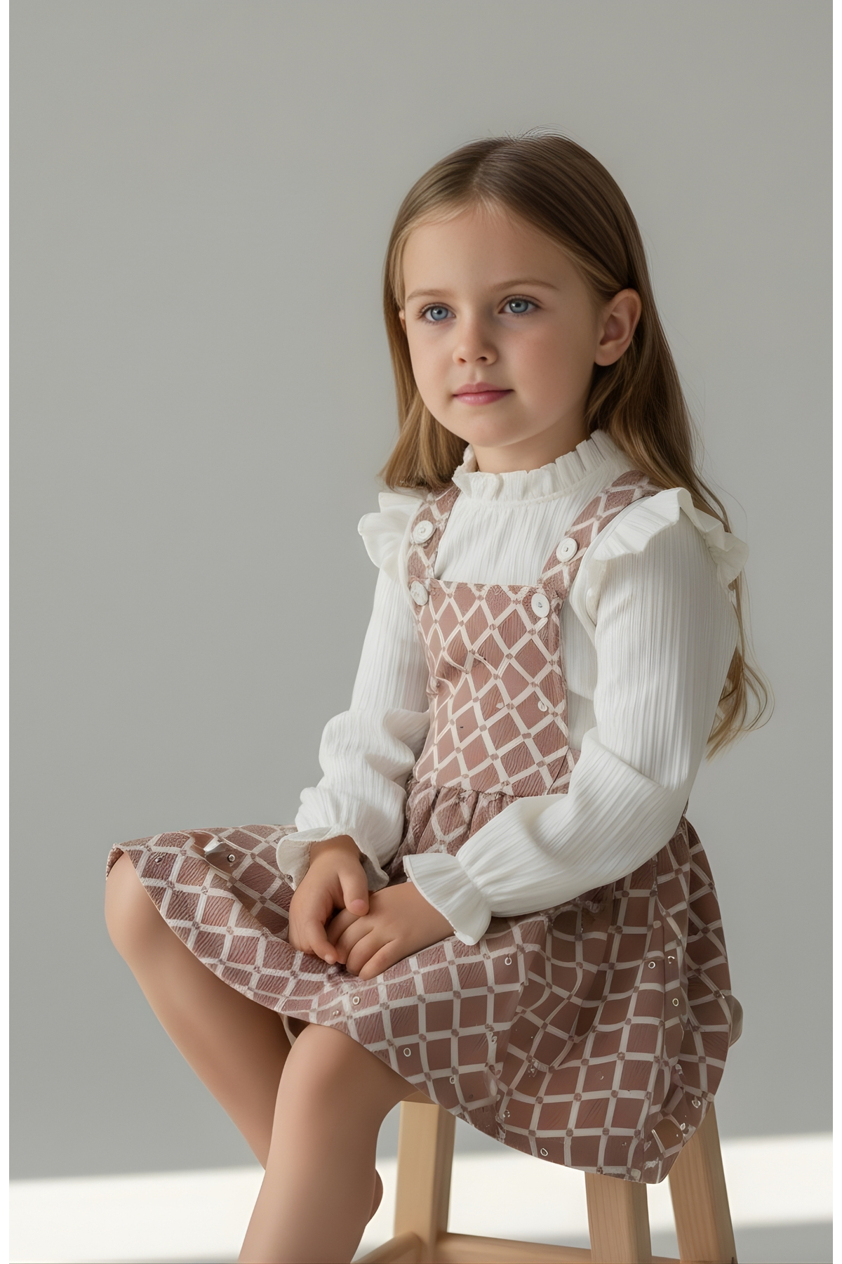 FESSHERA KİDS Kız Çocuk Baklava desen Salopet Jile ve Fitilli Bluz Takım - Fırfırlı 2'li Alt Üst Set fotoğrafı 6 (önizleme)