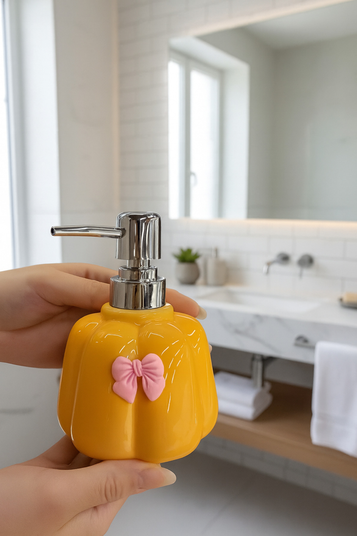 300 ml Porcelain Liquid Soap Dispenser - Aesthetic Bow Design-Durable Pump