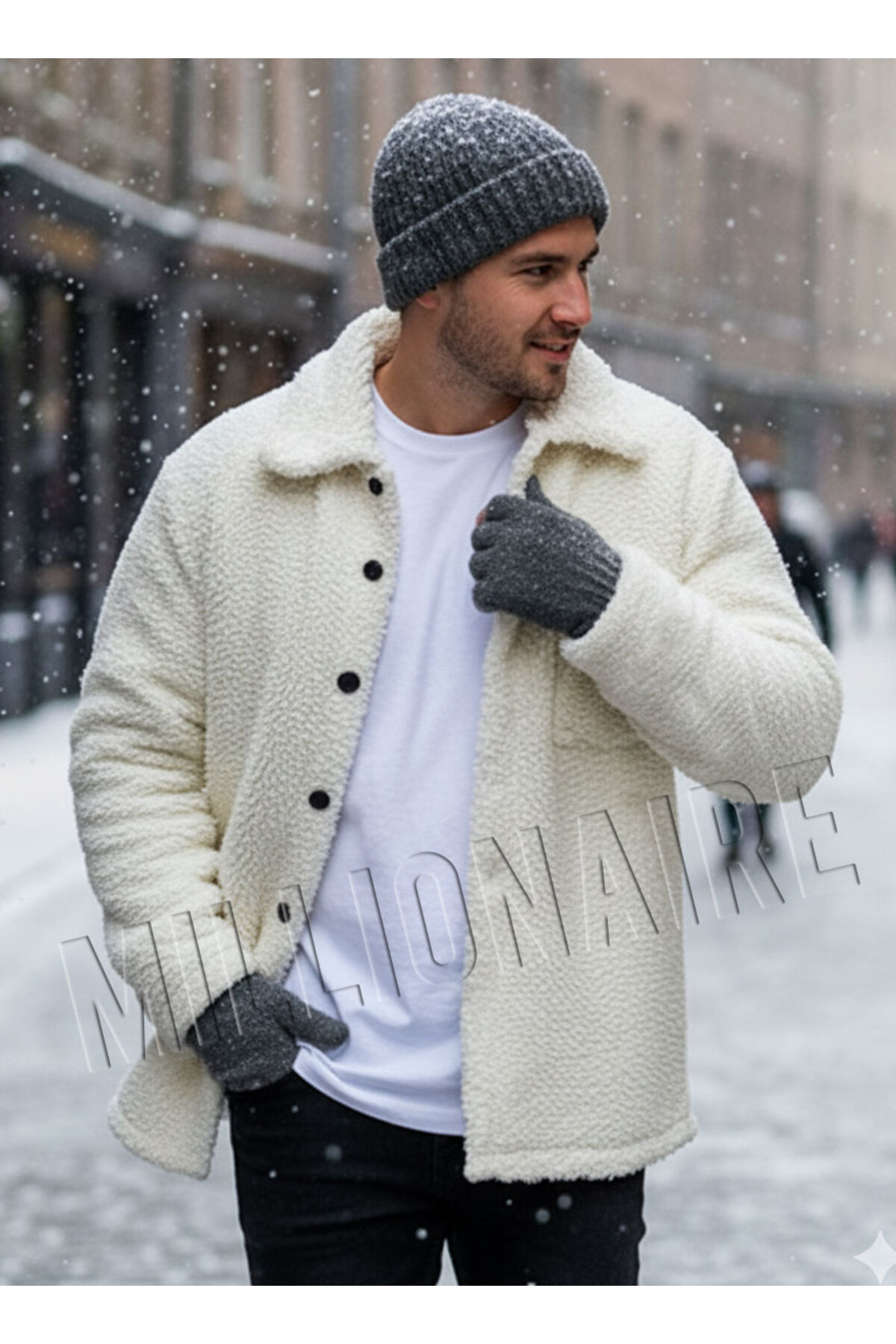 Millionaire  Erkek Ekru Beyaz Peluş Gömlek Yaka Modeli Düğmeli Ceket Hırka Mont Sweatshirt Polar - Görsel 2