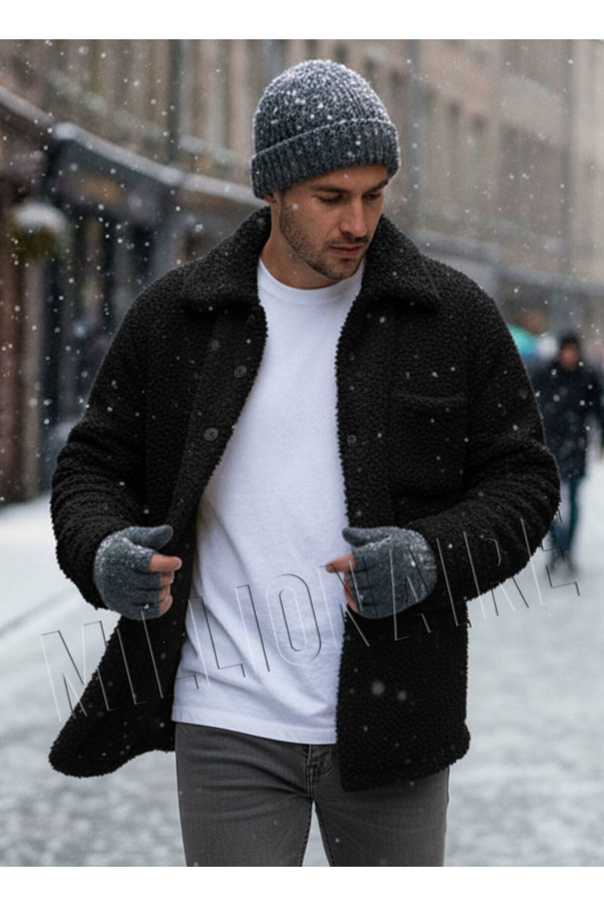 Millionaire Erkek Siyah Peluş Gömlek Yaka Modeli Düğmeli Ceket Hırka Mont Sweatshirt Polar