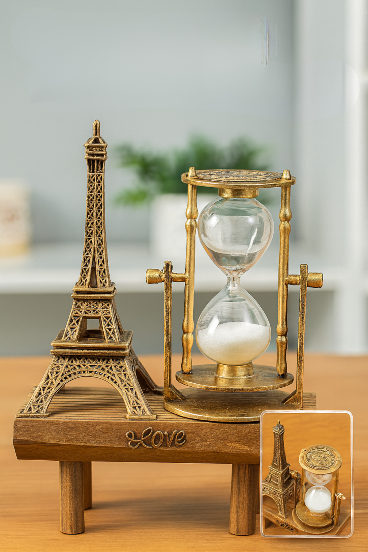 Eco Lounge Eyfel Kulesi Figürlü Dekoratif Kum Saati – Ahşap Standlı Retro Masaüstü Biblo