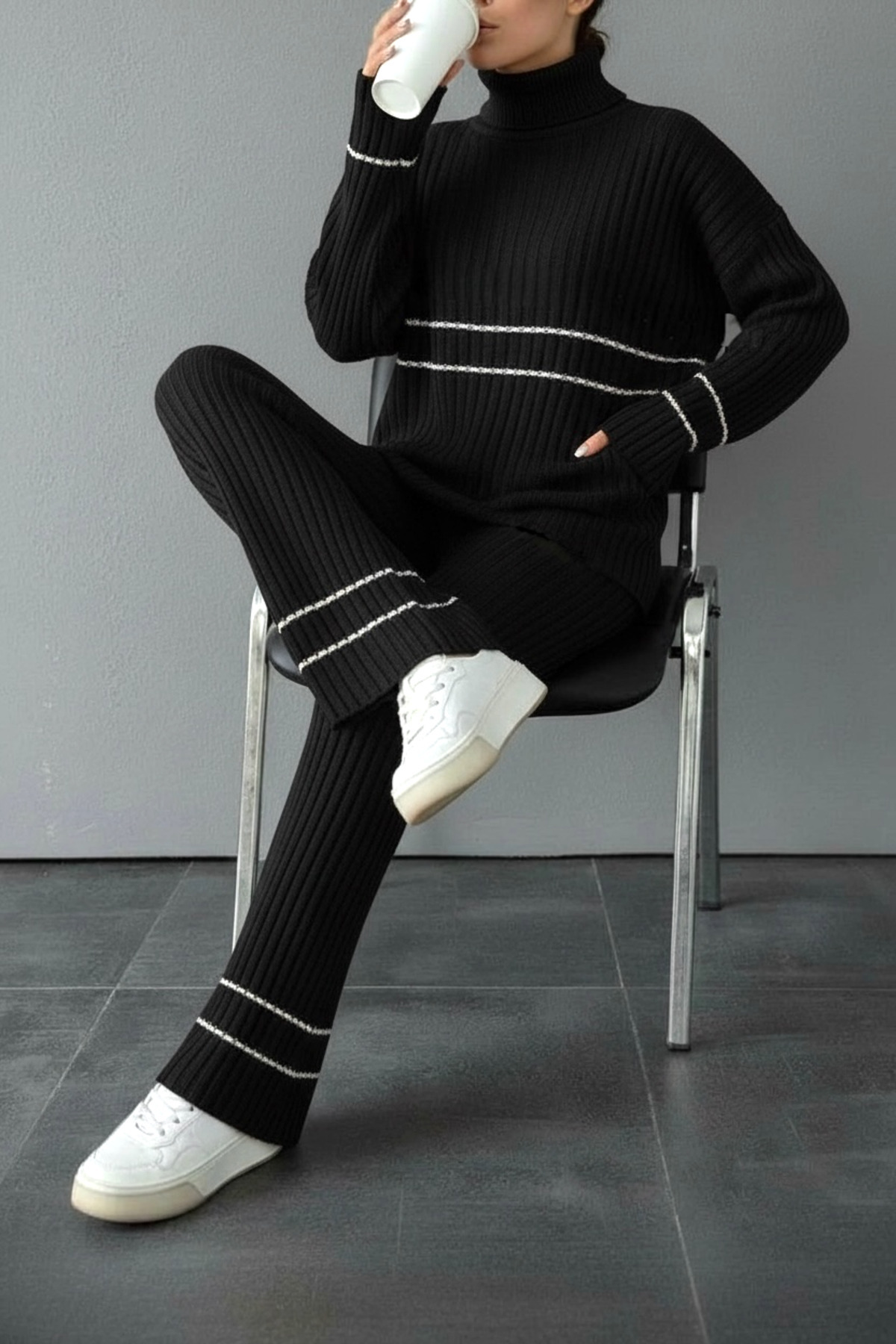 NEWCO Ecru Stripe Detailed Fisherman's Turtleneck Corded Fabric Knitwear Two-Piece Set Comfortable Fit