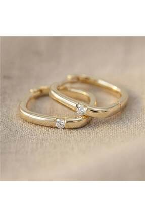 Zeino Zirkon Tektaş Detaylı Kare Halka Küpe - 14K Altın Rengi Kaplama, 2 cm