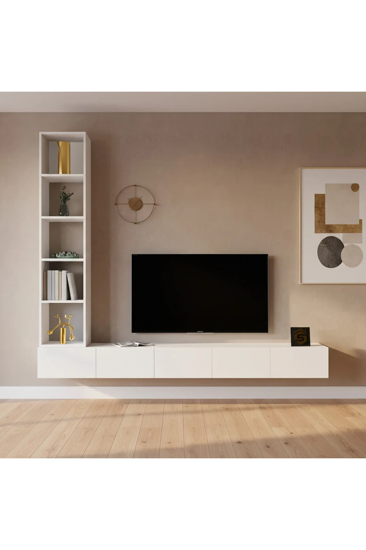 طاولة تلفزيون معلقة باللون الأبيض مع أرفف جانبية م...