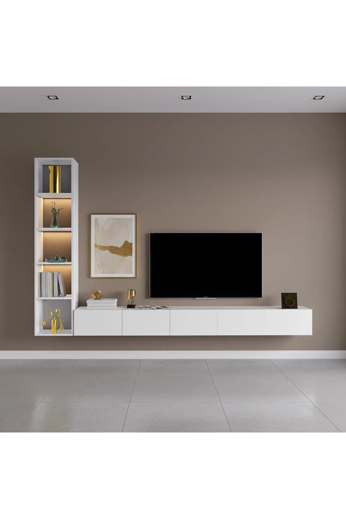 طاولة تلفزيون معلقة باللون الأبيض مع أرفف جانبية م...