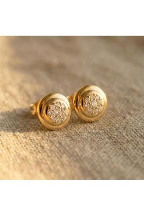 Zeino Zirkon Taşlı Yuvarlak Küpe - 14K Altın Rengi Kaplama, 1 cm çap
