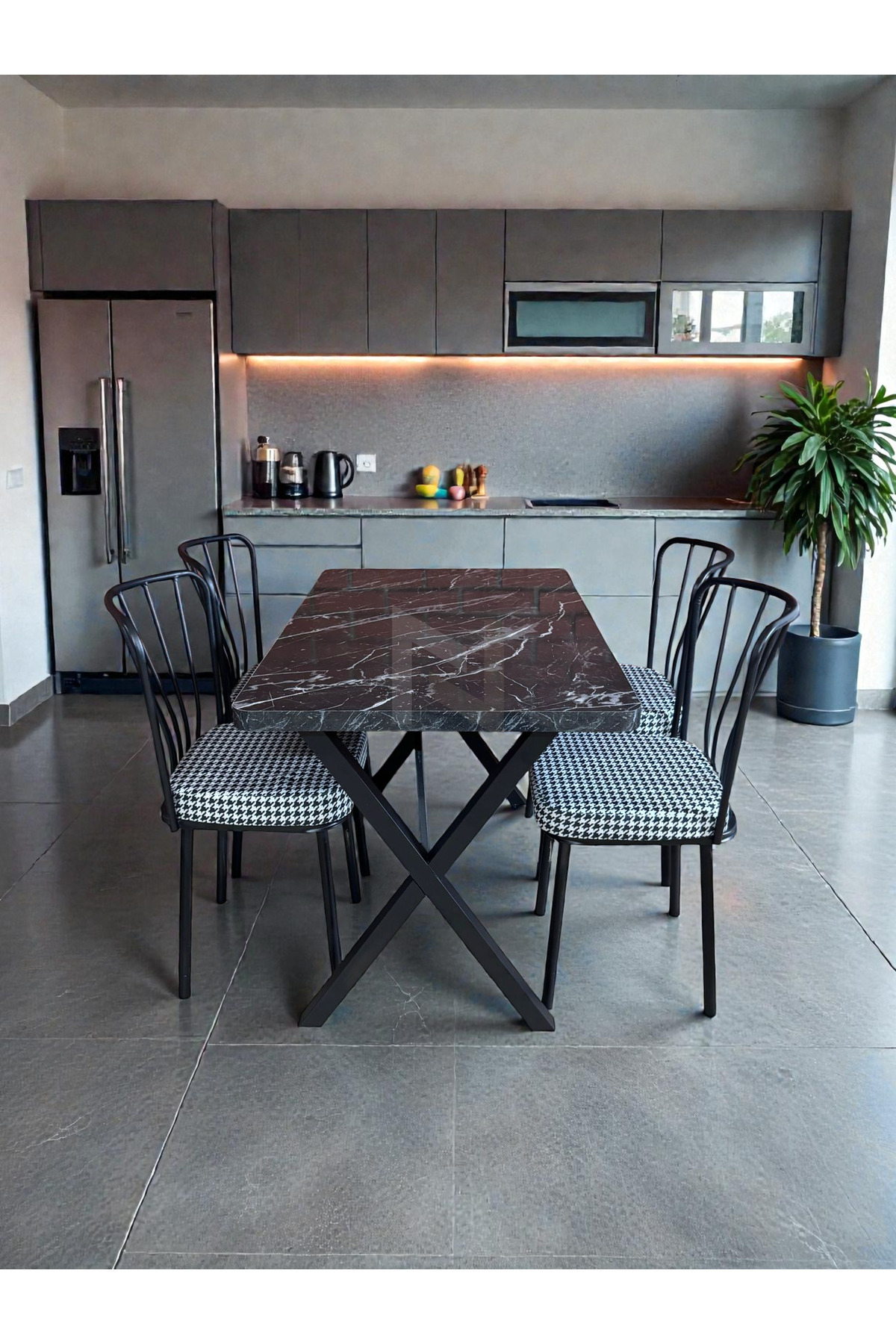 NESU EV 70 x 110 Masa Güneş Sandalye Takımı, 4 Kişilik Mutfak Masa Takımı Siyah Mermer