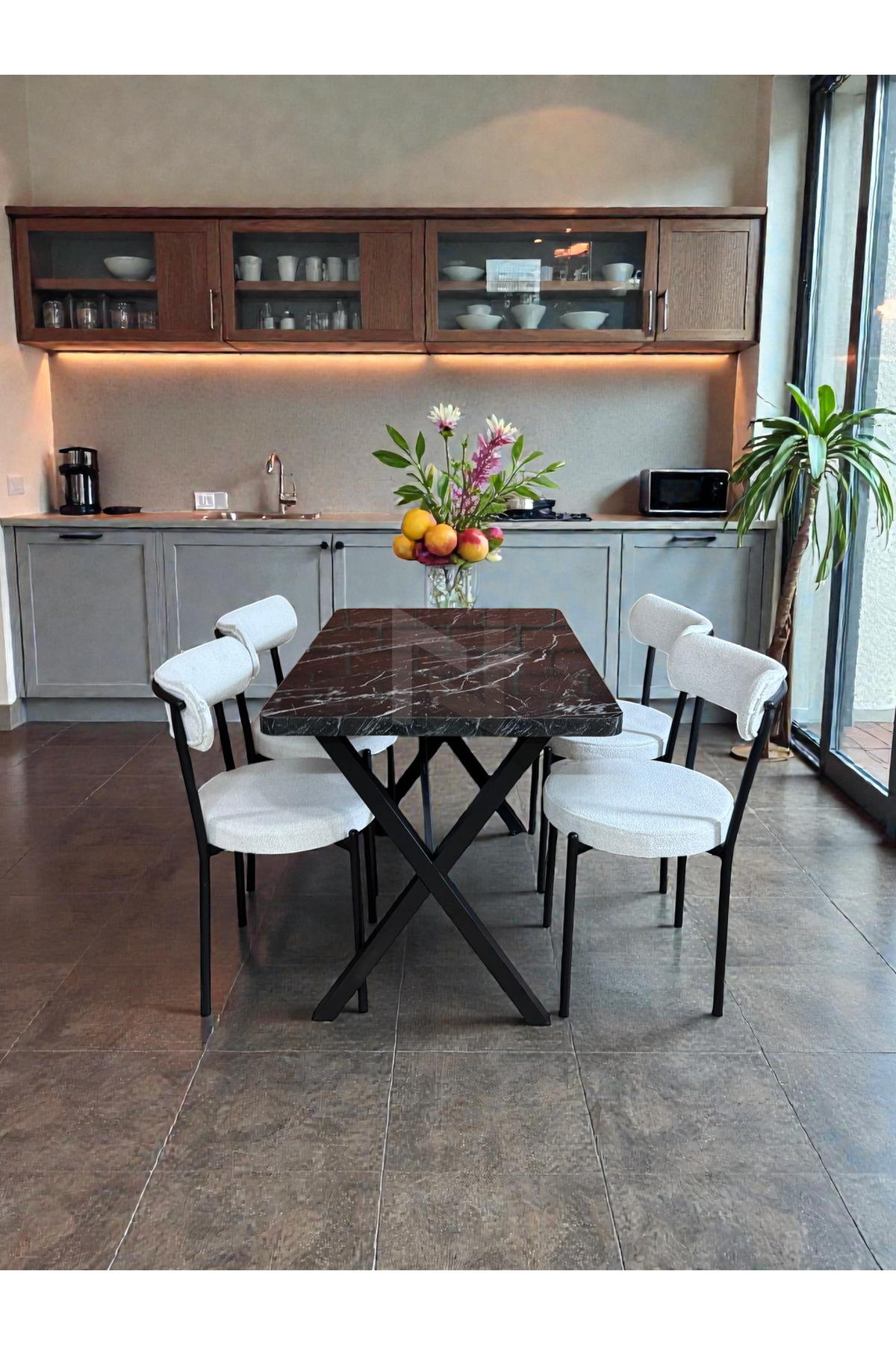 NESU EV 70 x 110 Masa Teddy Sandalye Takımı, 4 Kişilik Mutfak Masa Takımı Siyah Mermer