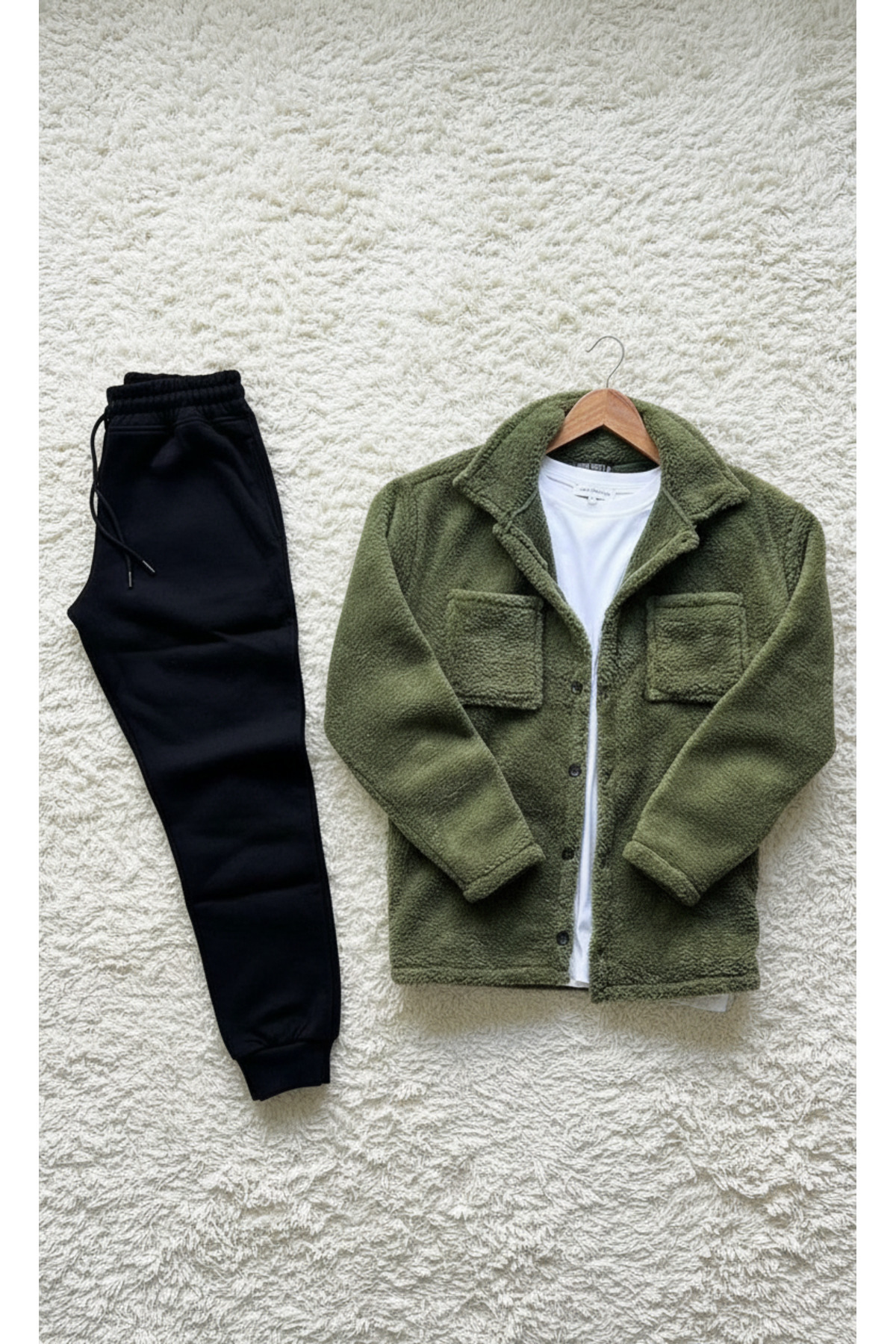 Trend, Erkek, Haki, Teddy Sherpa, Peluş, Polar, Ceket, Siyah, Jogger Eşofman Altı — خاکی Trend-Peluş-Eşofman Kombin