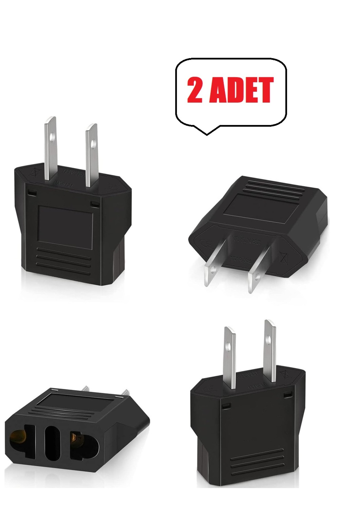 2 Adet Türk Fişi Amerikan Tip Fiş Çevirici Seyahat Adaptörü 2 Pinli Düz Plug Travel Adapter Fiş Priz